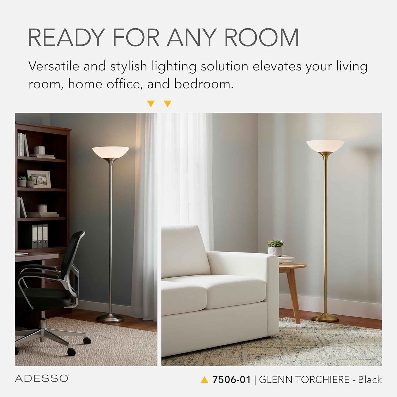 Adesso Black Torchiere Floor Lamp with Frosted White Shade – 300W Double Socket Construction, Modern Accent Lighting for Bedroom, Living Room, or Home Office, 71” Tall