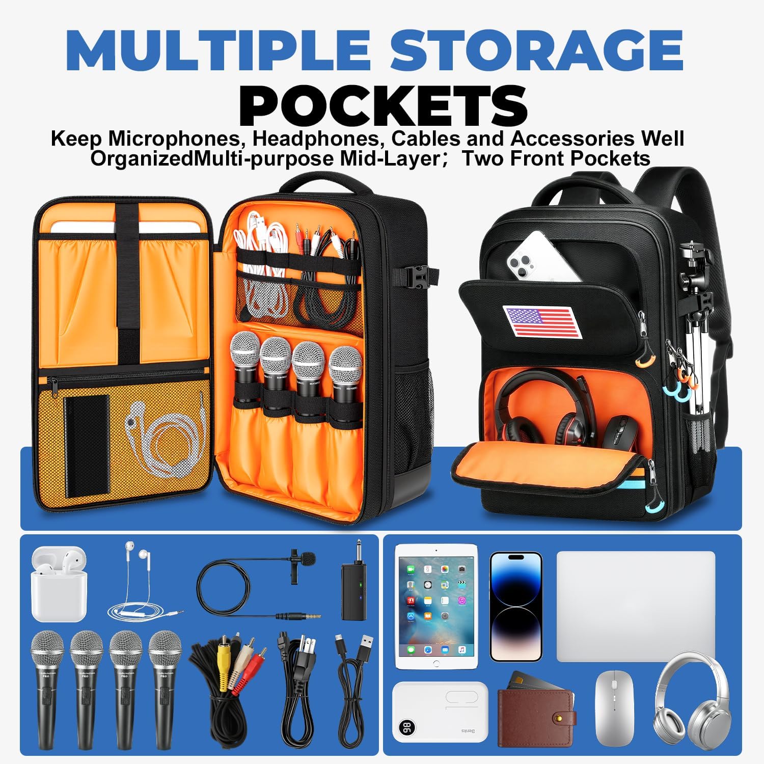 Audio Mixer Travel Case for Yamaha MG10XU,RODECaster Pro II,RODECaster Pro,RC Duo,TC-Helicon GoXLR,Podcast DJ Mixer Bag Backpack with Multi-Pockets for Microphones,Cables,Podcast Equipment - Image 3