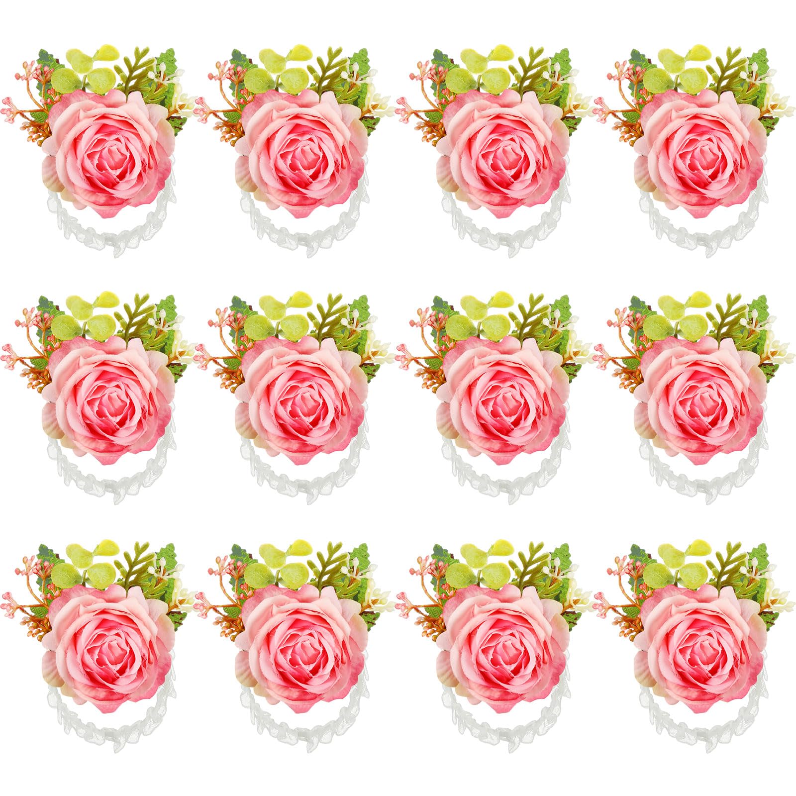 12 Pcs Rose Wrist Corsage Bracelets Wedding Bridal Wrist Flower Hand Flower Decor Wrist Flower Wristband for Bride Bridesmaid Homecoming Prom Party Decor (Peach)