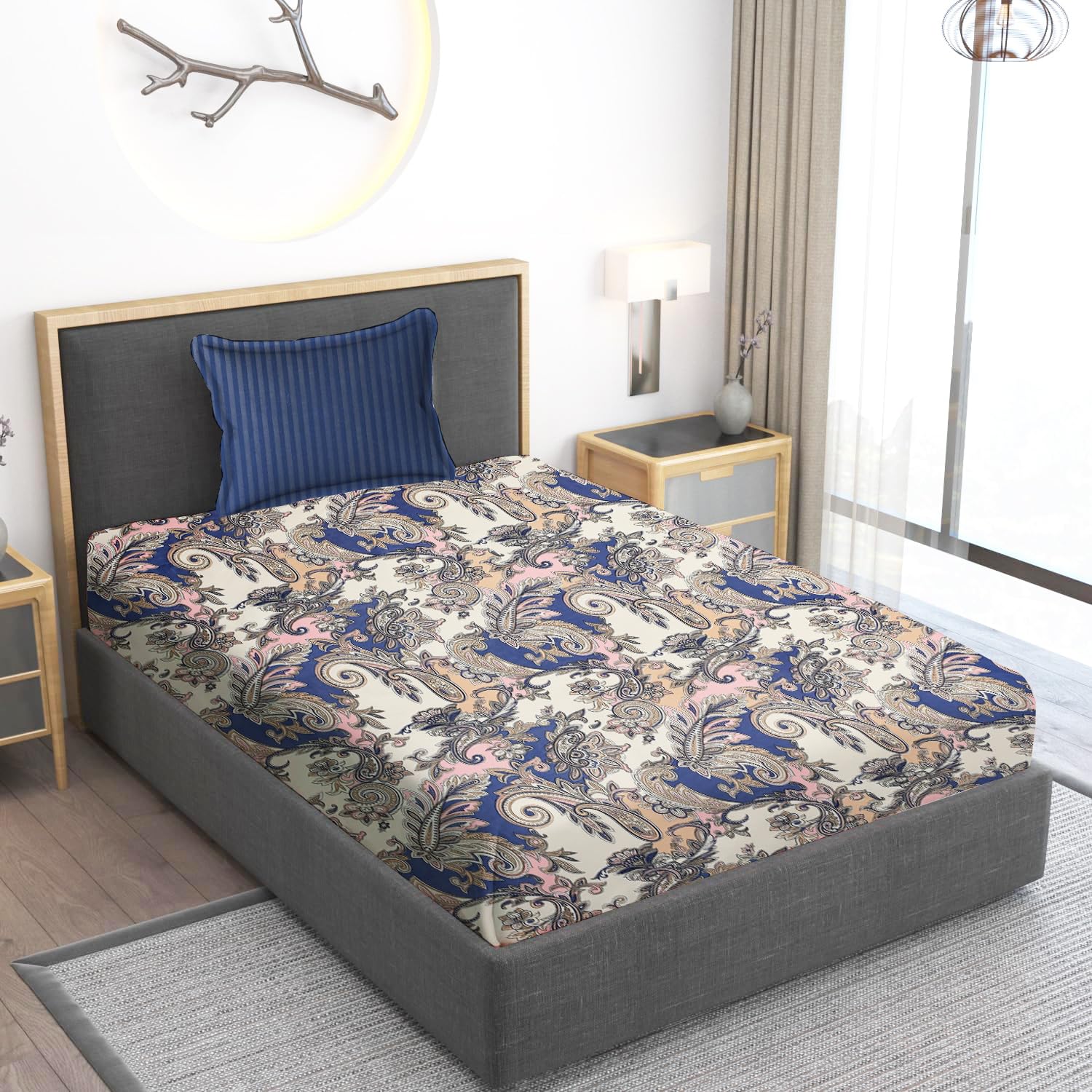 Home Stylish 280 TC Floral Print Ezyption Cotton 1 Single Bedsheet with 1 Pillow Cover Blue Cream