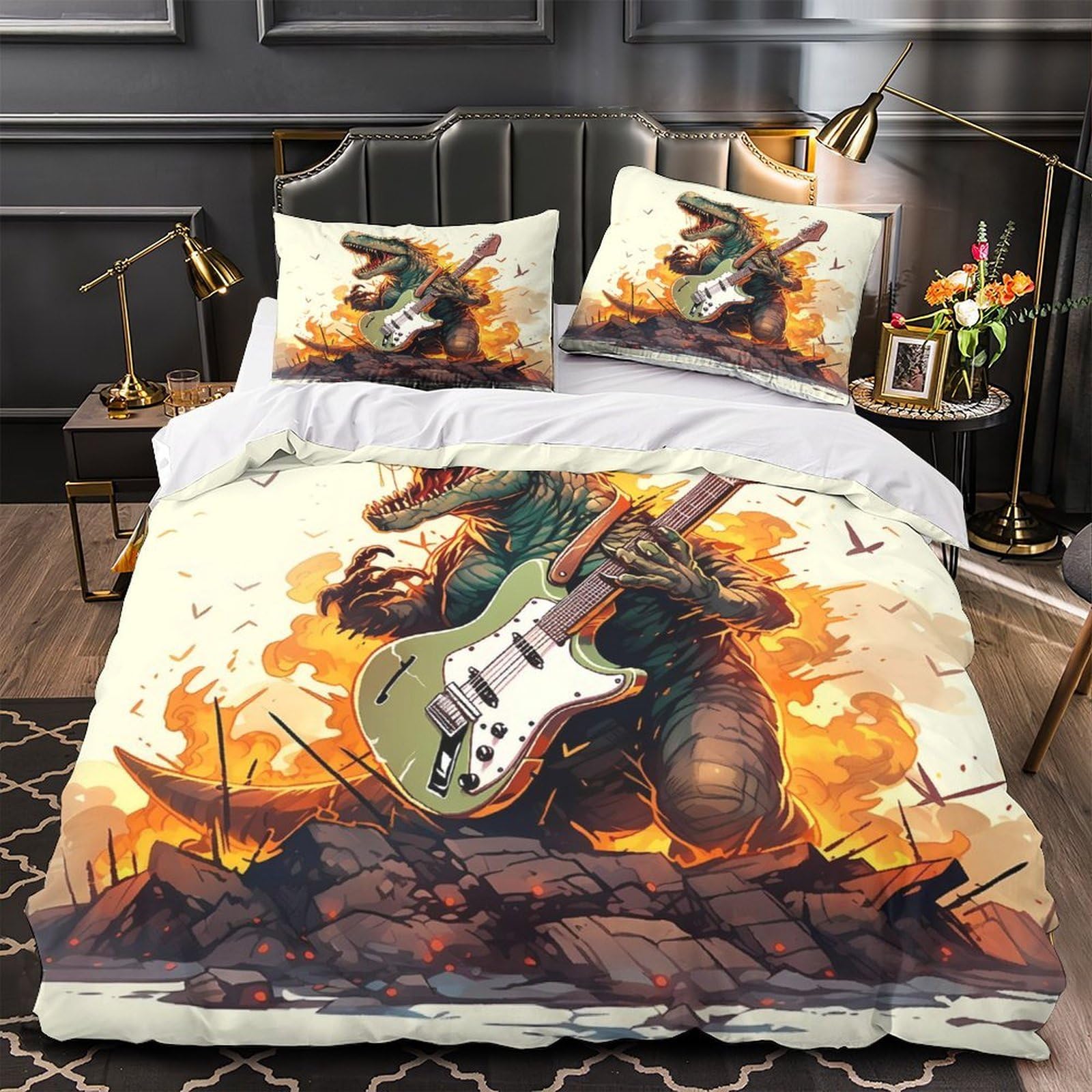 Guitare rock dinosaure housse de couette imprimée idée cadeau adulte