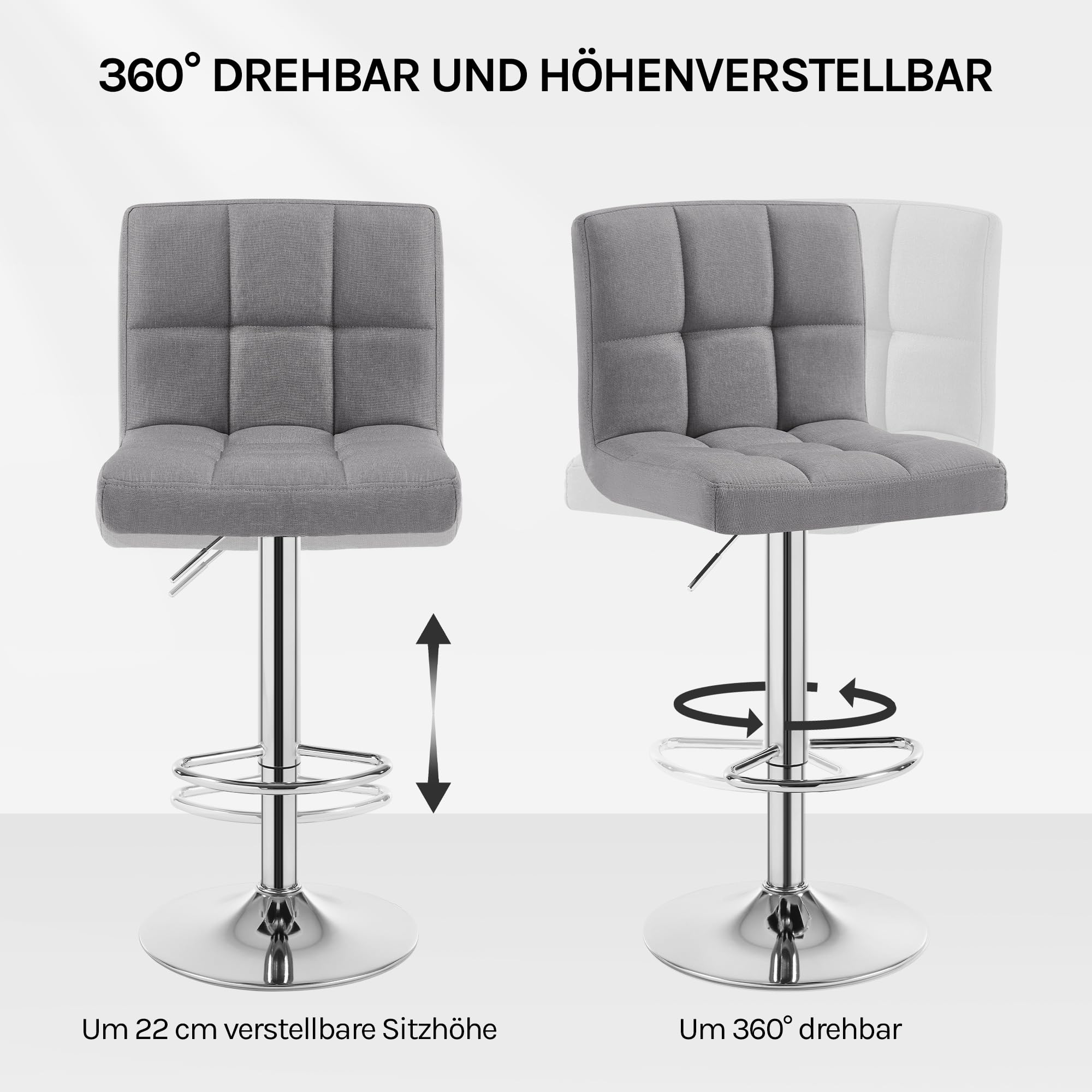 WOLTU Barhocker 2er Set Barstühle HellGrau, Höhenverstellbar, Drehstühle, Küchenstühle mit Rückenlehne und Fußstütze, Robuster Metallrahmen, gemütliche feines Leinen weiche Sitzfläche