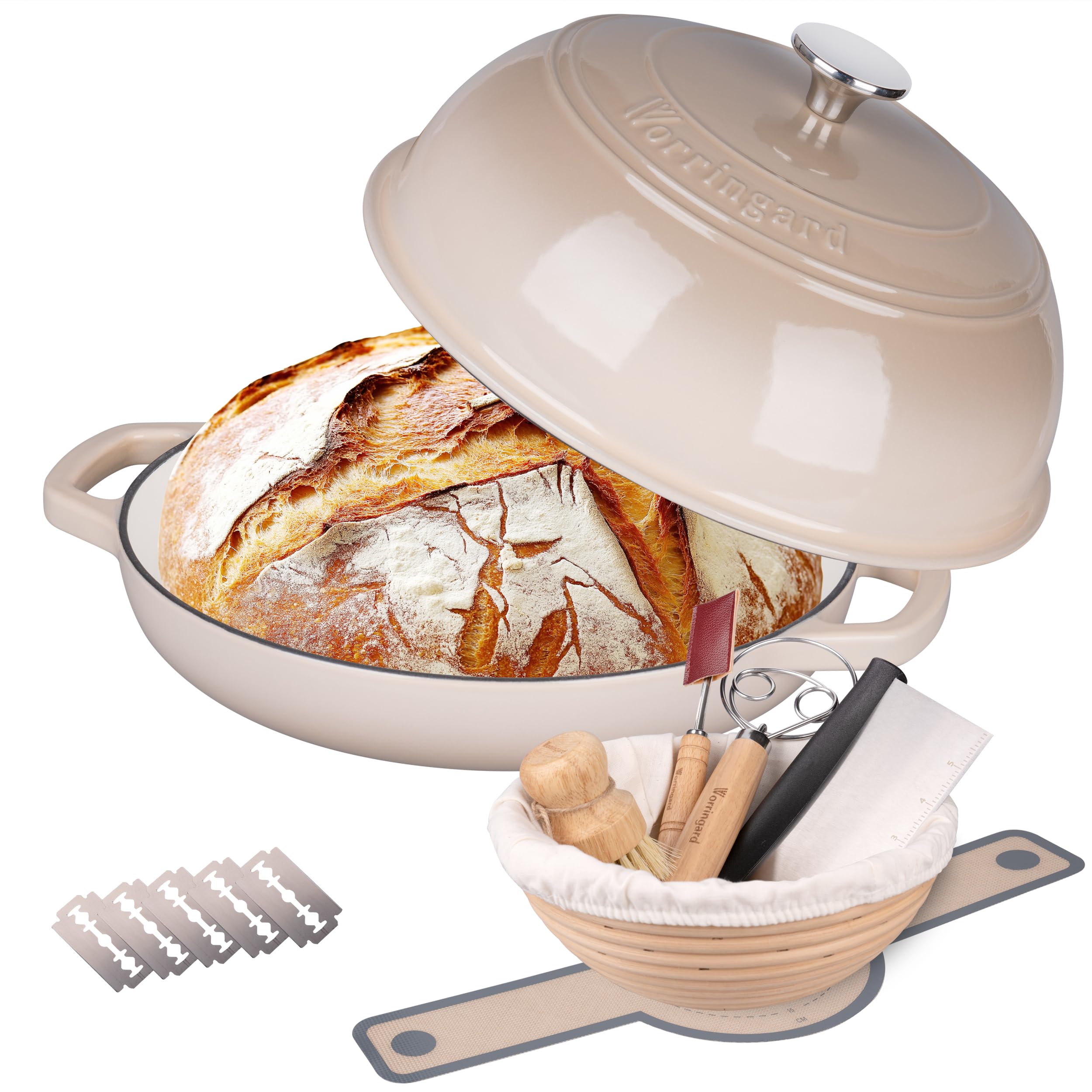 VORRINGARD Olla holandesa de hierro fundido con tapa para hornear pan, incluye suministros para hornear pan de masa madre como cesta de prueba de pan Banneton, horno de pan de 6 cuartos de galón, café