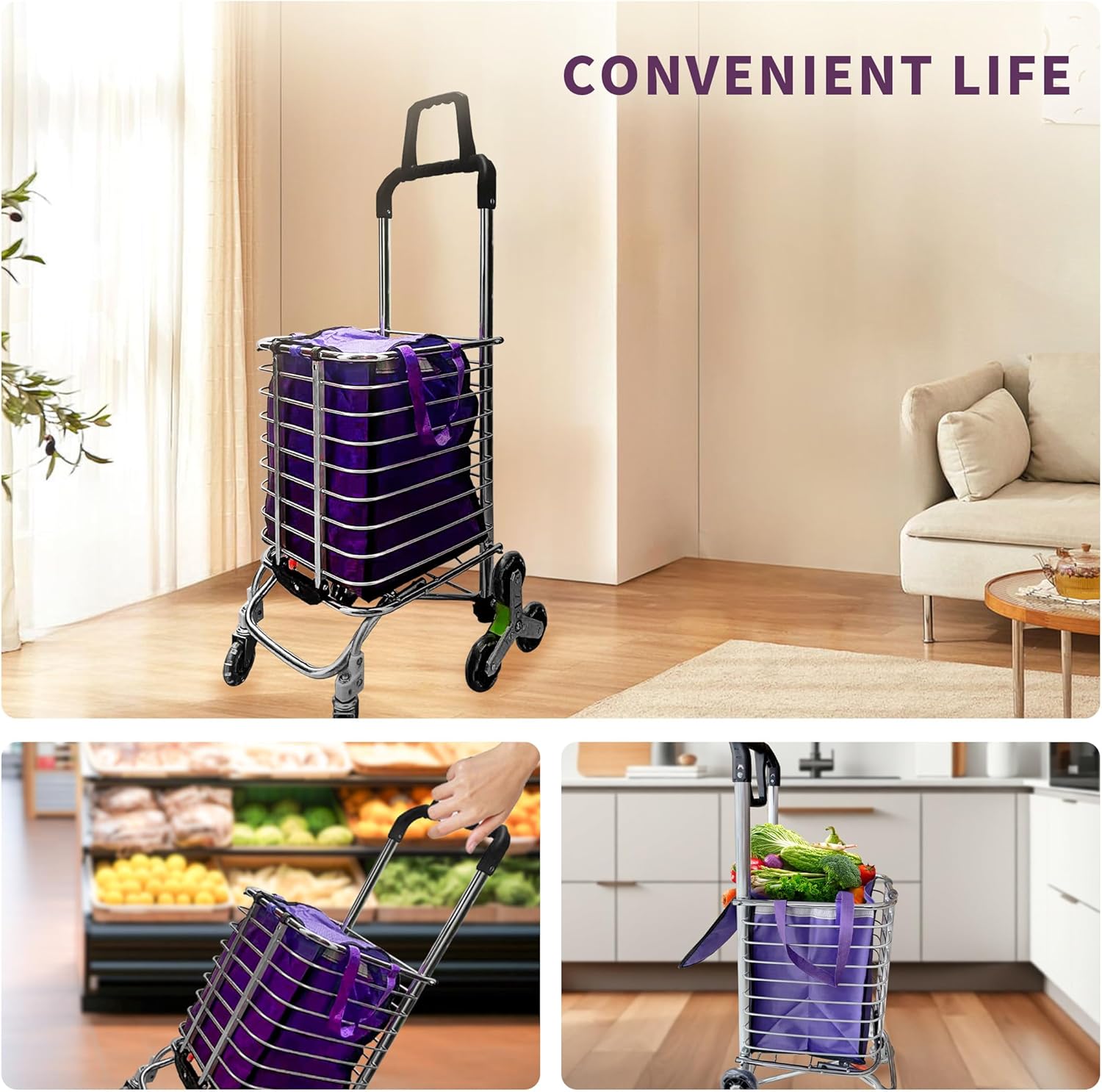 Heavy-Duty Folding Stair-Climbing Cart - All-Terrain Grocery & Cargo Utility Wagon, Collapsible Hand Truck for Home/Outdoor/Shopping (44lbs)