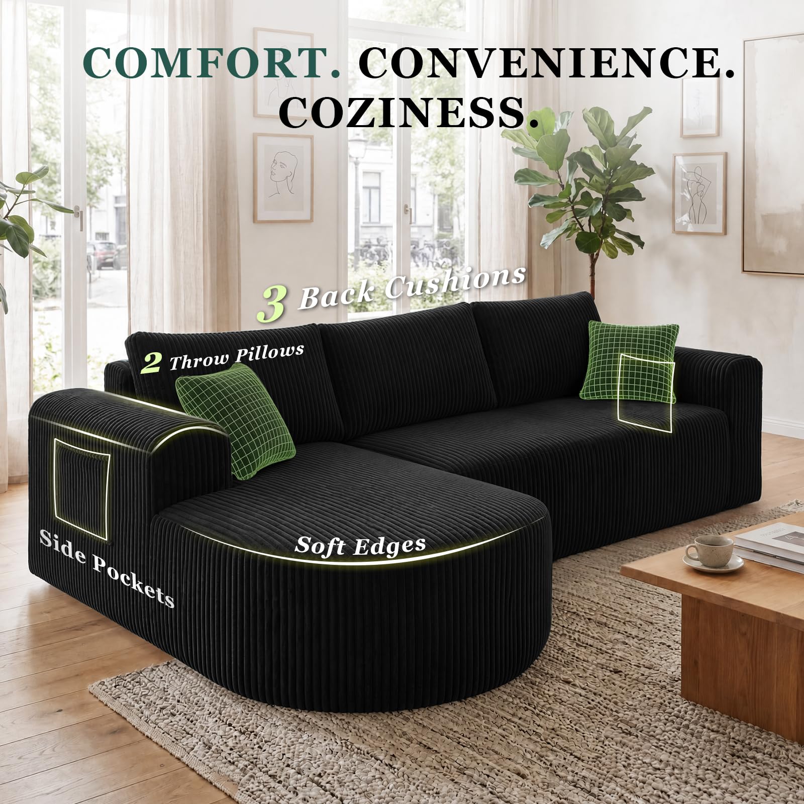 COMHOMA Sofá esquinero con función de dormir, 243 cm, sofá modular sin boneless con chaise longue, sofá cama seccional con cojines y bolsillos laterales, sofá para salón, sin montaje, color negro