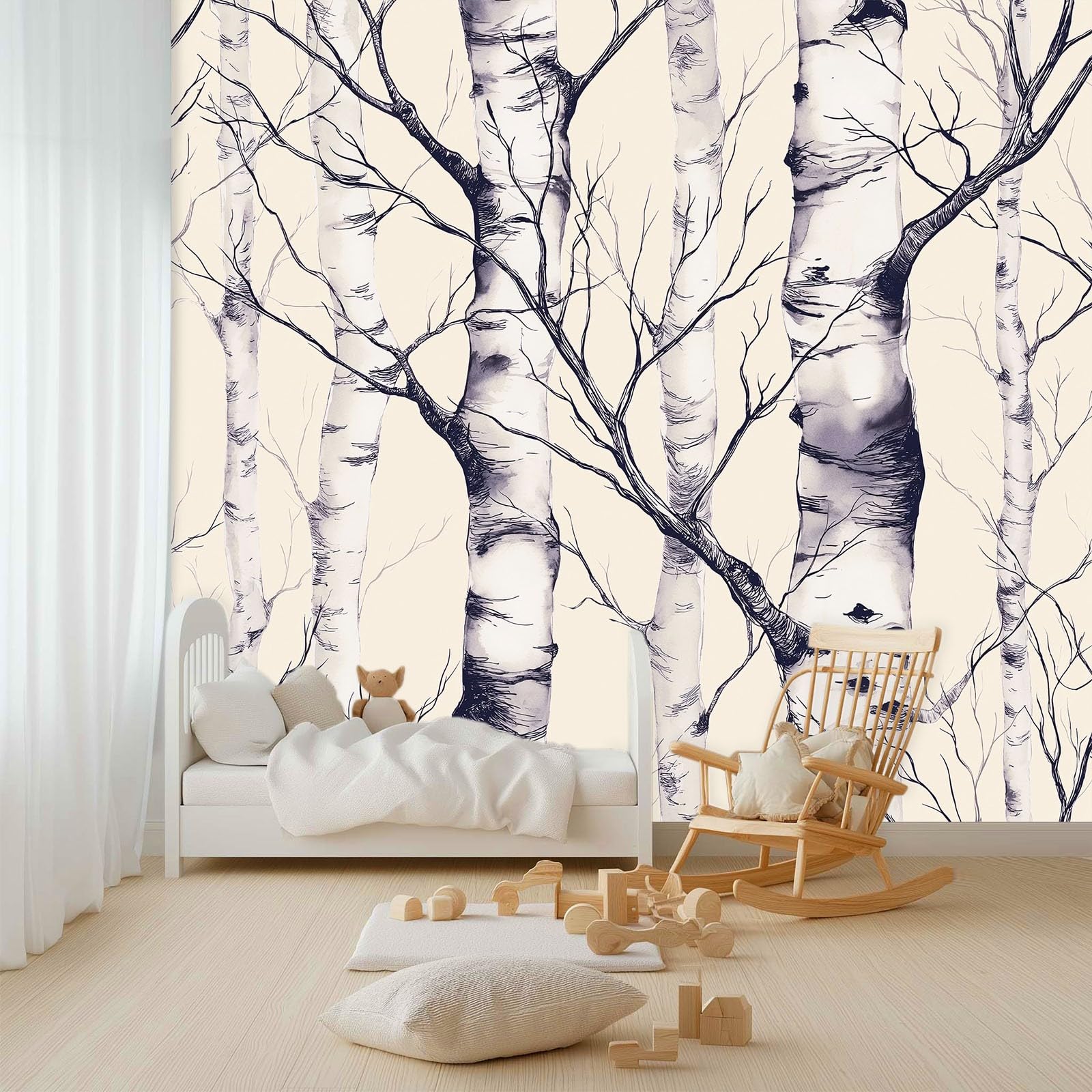 Panoramiczna tapeta w paski lasu brzozowego, tapeta z włókniny akwarelowej biały czarny do sypialni salonu jadalni-200 cm x 140 cm nowoczesna dekoracja ścienna tło