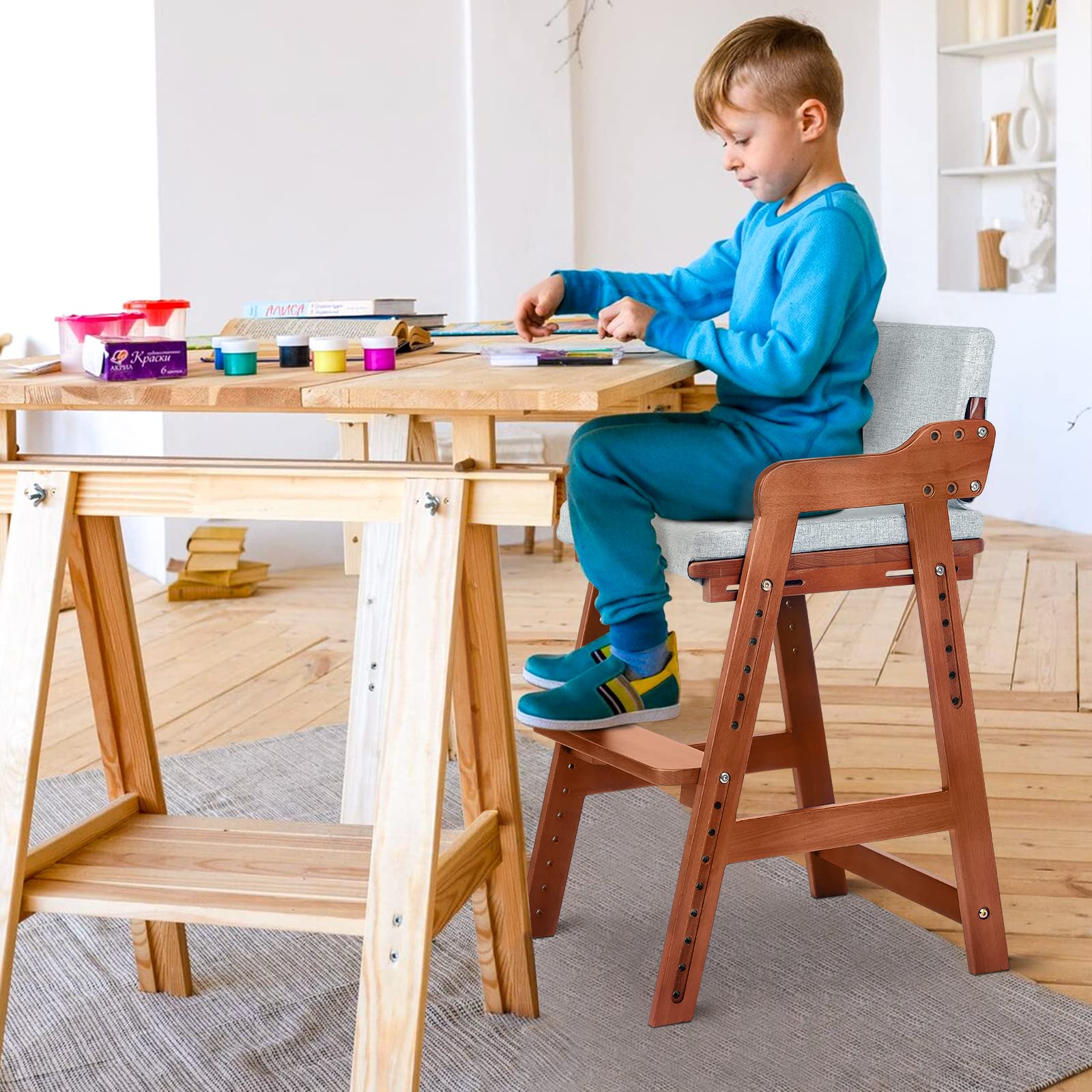 Ezebaby Seggiolone, sedia per bambini, in legno di faggio, regolabile in altezza, stabile e sicura, fino a 90 kg, per bambini e adulti