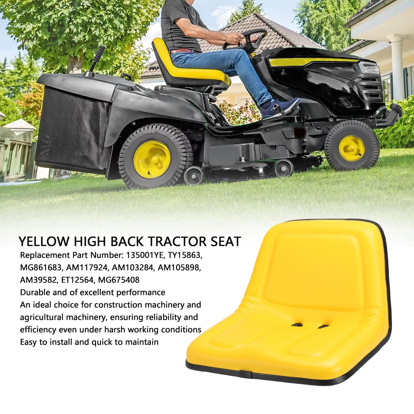 aqxreight Asiento de Tractor para Cortacésped, Repuesto Amarillo con Respaldo Alto, Asiento para Cortacésped Cómodo y Duradero para, Tractores de Jardín y Minicargadores