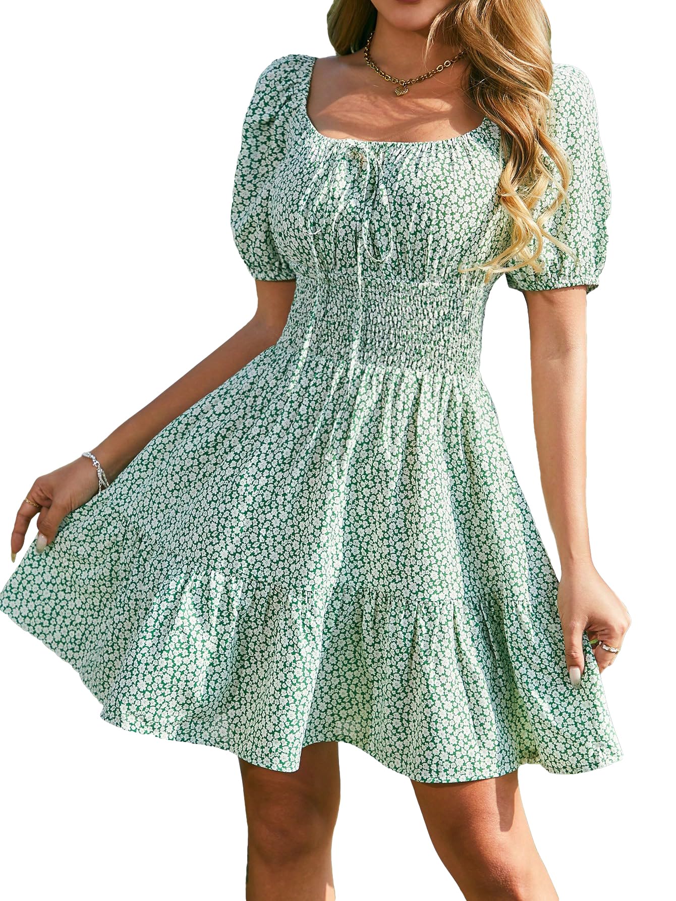 Robe courte à manches bouffantes et nœud devant style bohème chic Floerns - 8