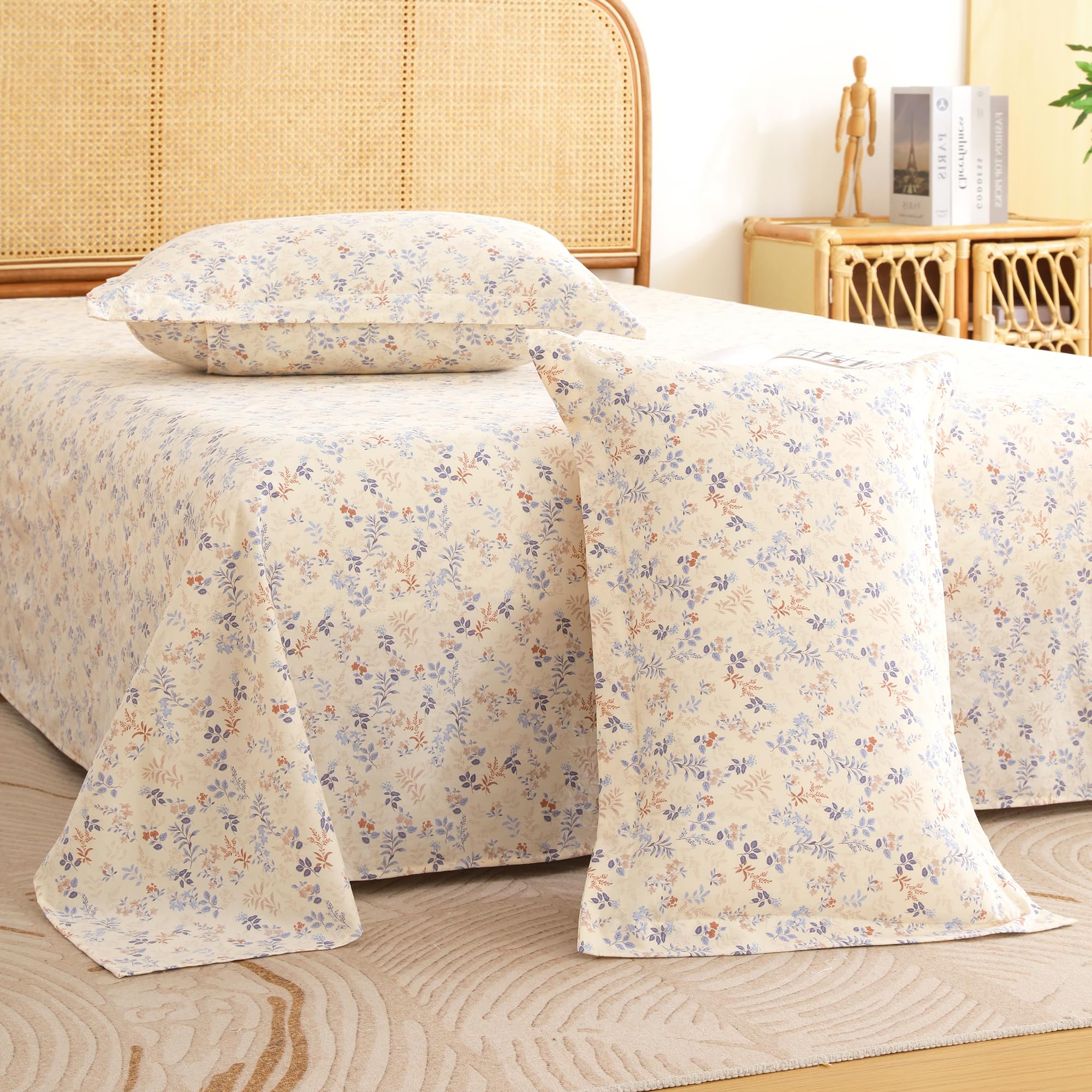 Story@Home King Size Bedsheet | Air Cotton Flatsheet King Size with Two Pillow Covers| 240 TC | Super Soft Bed Sheet for King Size Bed | Floral Design (270 x 250 cm, Creame & Blue)