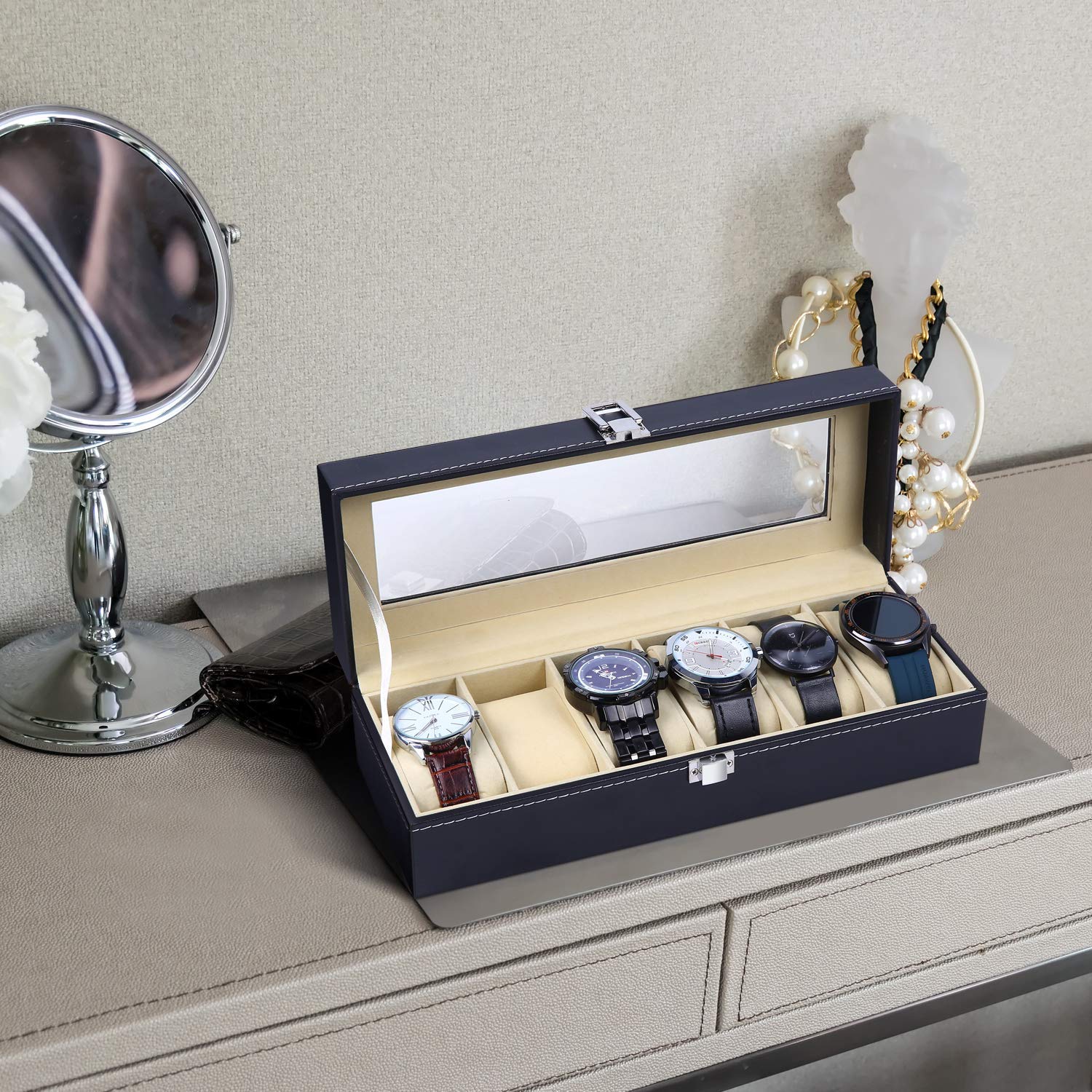 Lukzer 1PC Wrist Watch Storage Holder Display Box of Faux Leather Finish with Glass Window 6 Slots (30 x 8 x 11 cm) (B08RZ46ZN3) Amazon Price History, Amazon Price Tracker