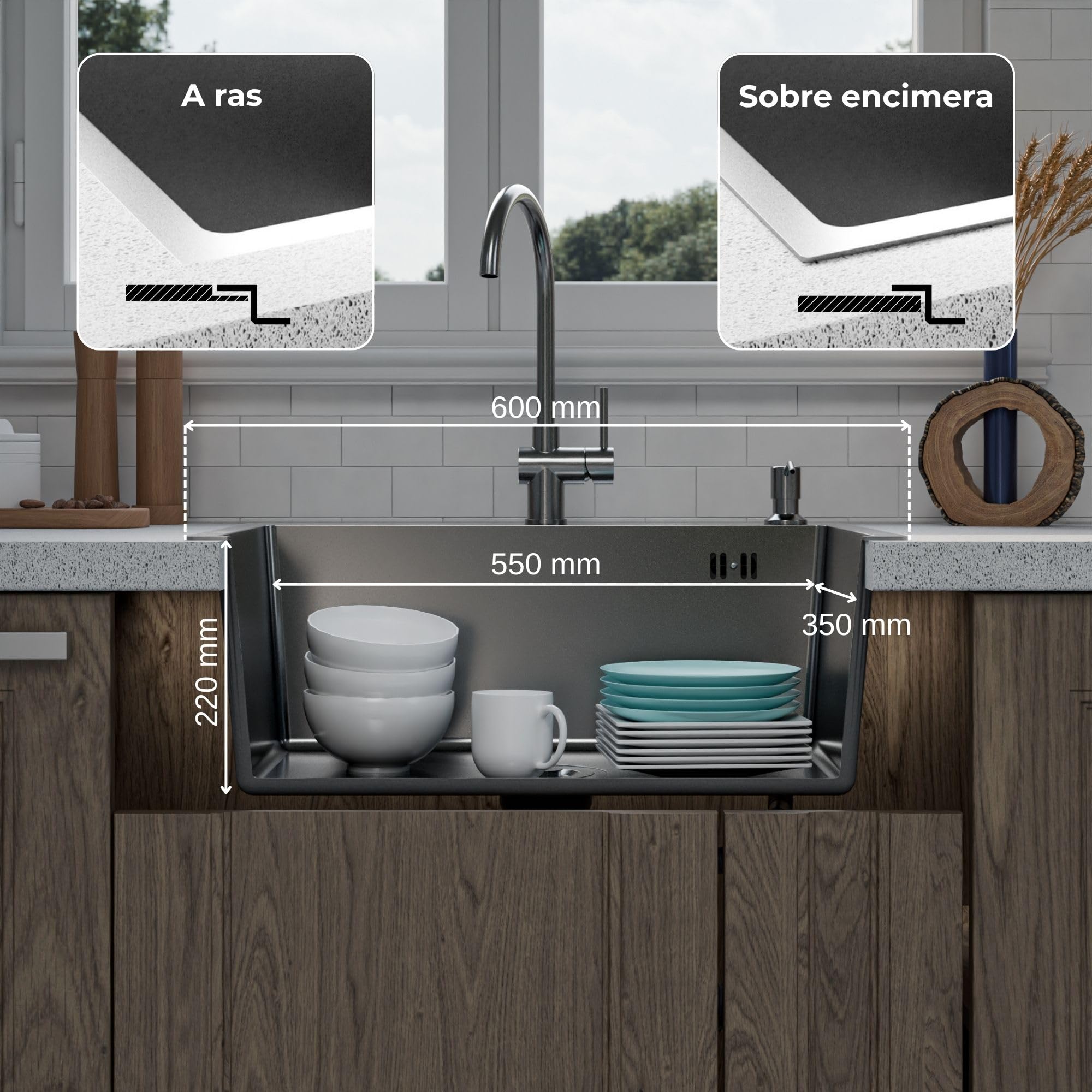 ANW HOME Fregadero Cocina 1 Seno, Acero Inoxidable 60x45 cm, Fregadero sobre Encimera Grafito PVD con Superficie Nano, Grosor 3,0+1 mm, con Sifón Dosificador de Jabón y Cesta