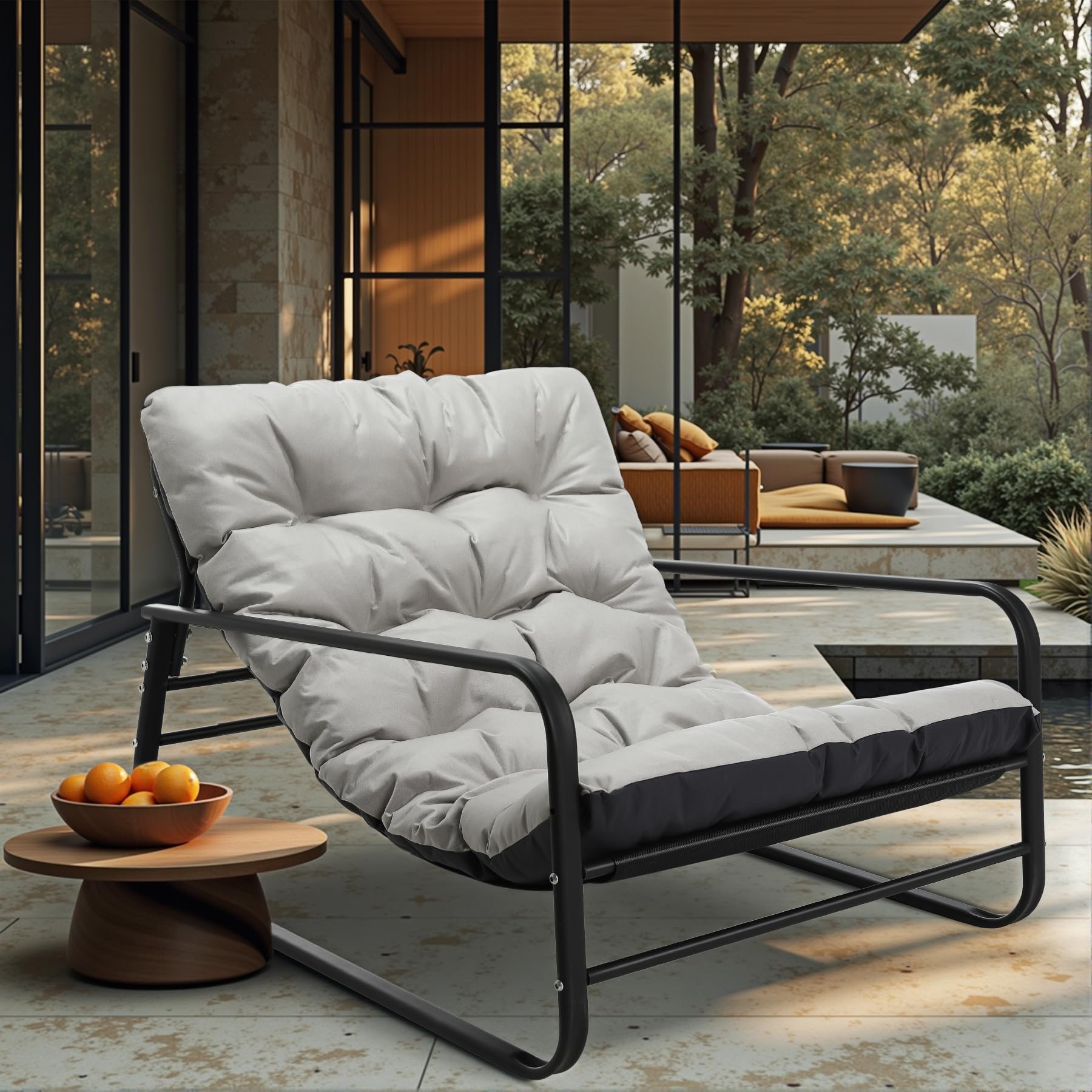 Sillón de salón de jardín con cojín reversible, sillón de jardín, balcón, muebles de acero, silla acolchada para 2 personas, sillón de jardín, exterior, balcón, jardín, terraza (gris oscuro+