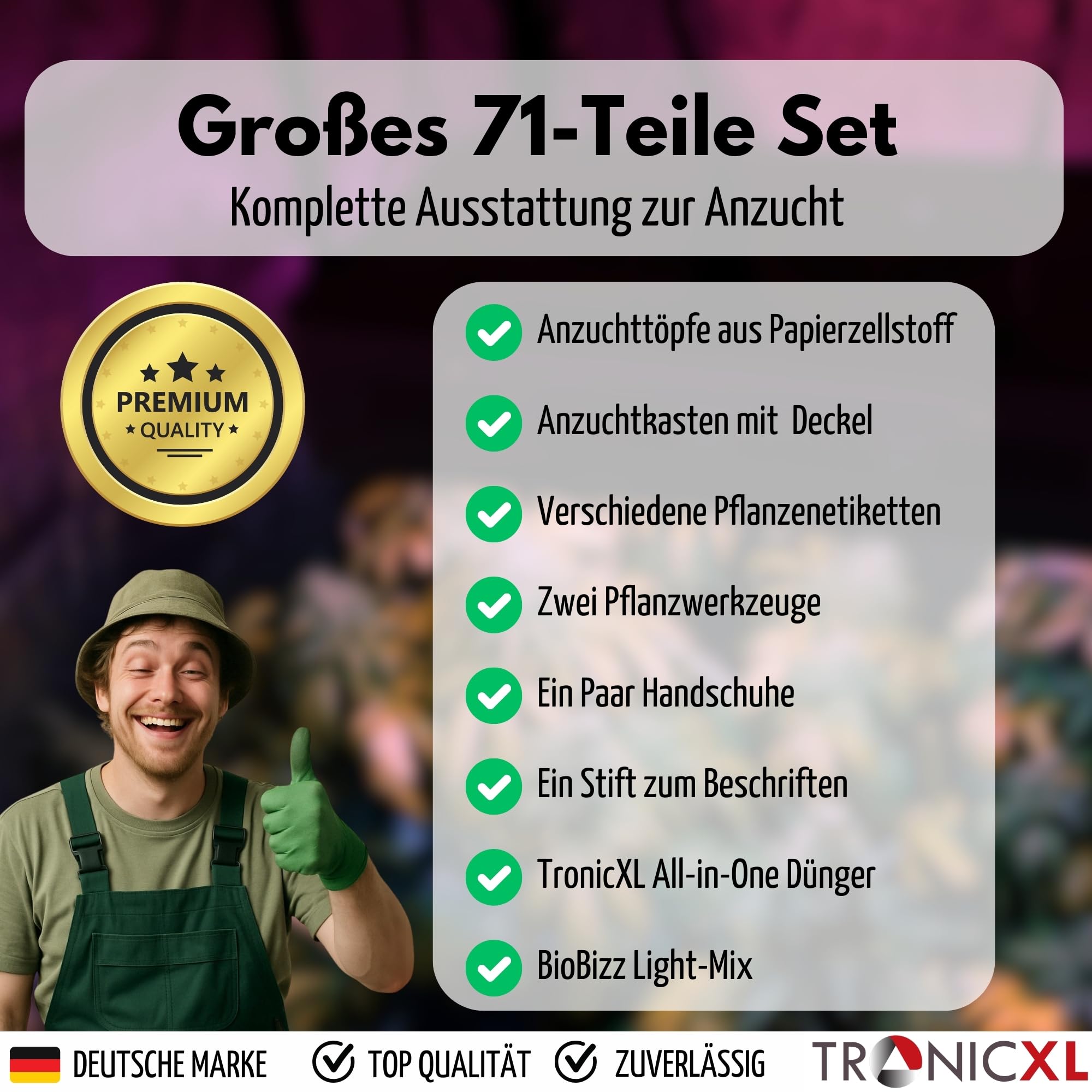 TronicXL 71-częściowy zestaw startowy do uprawy roślin, szklarnia pokojowa, doniczki do uprawy roślin, do uprawy roślin, narzędzi, nawozów, do namiotu, sadzonek, sadzonek, własnych upraw
