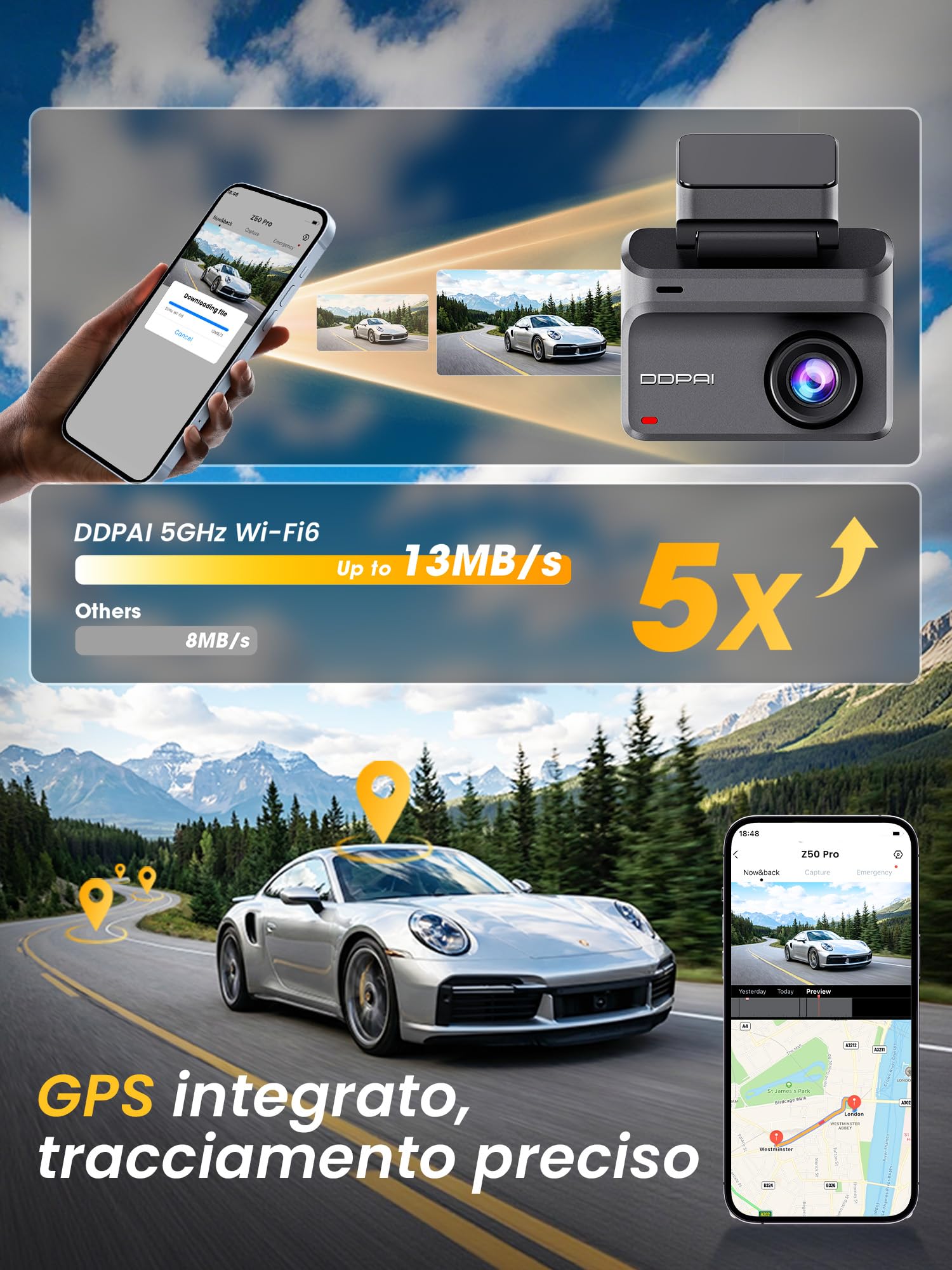 DDPAI Z50 Pro Dashcam Auto, 4K + 1080P Telecamera Auto Con Scheda Da 128 GB, Visione Notturna AI-ISP, Supporto 4G LTE, 5 GHz WiFi 6, GPS, Monitoraggio Parcheggio 48 Ore, Display IPS Da 3", Sensore G