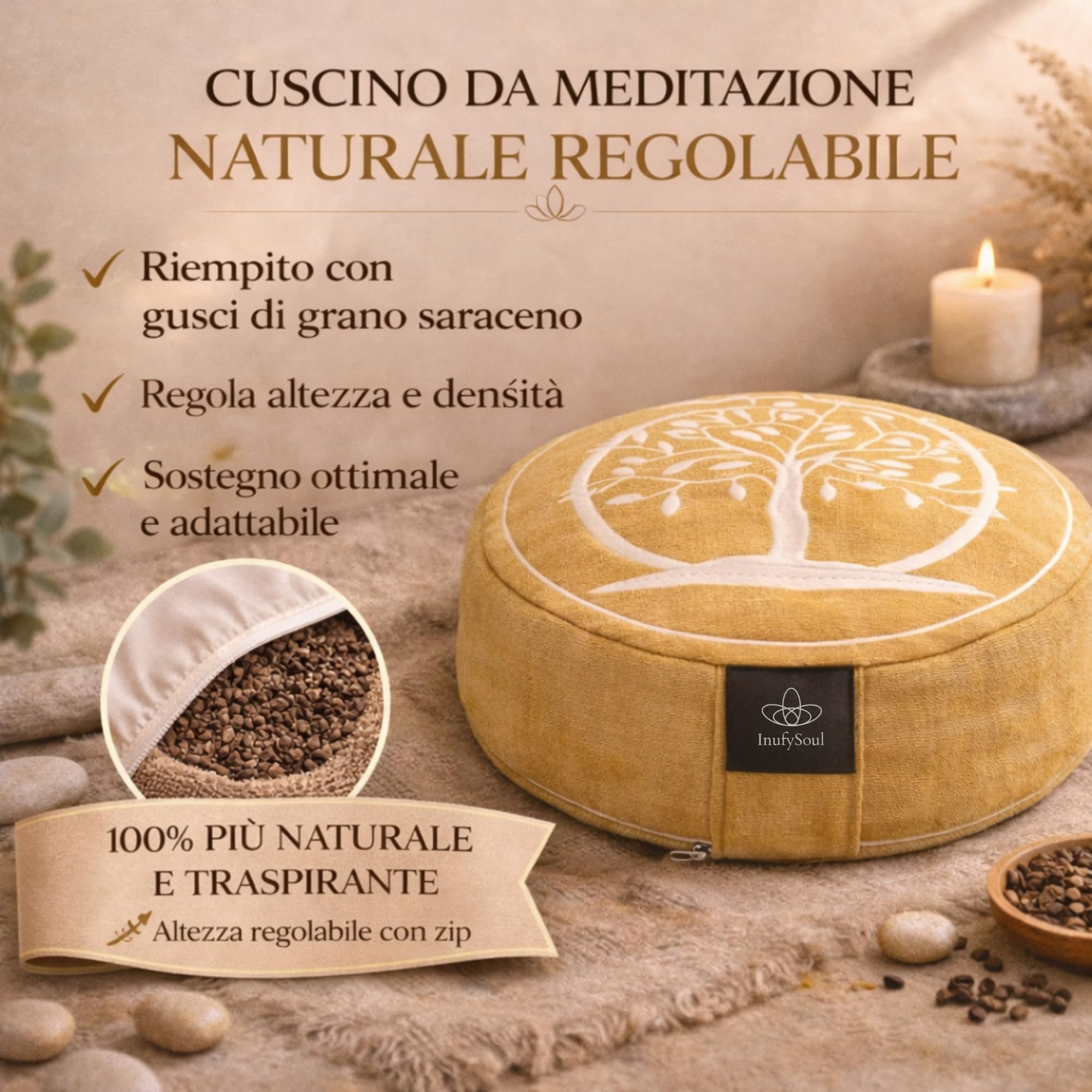 Cuscino da Meditazione/Gusci di Grano Saraceno/Rivestimento in Cotone Lavabile Rimovibile/Cuscino Yoga/Meditazione e Mindfulness