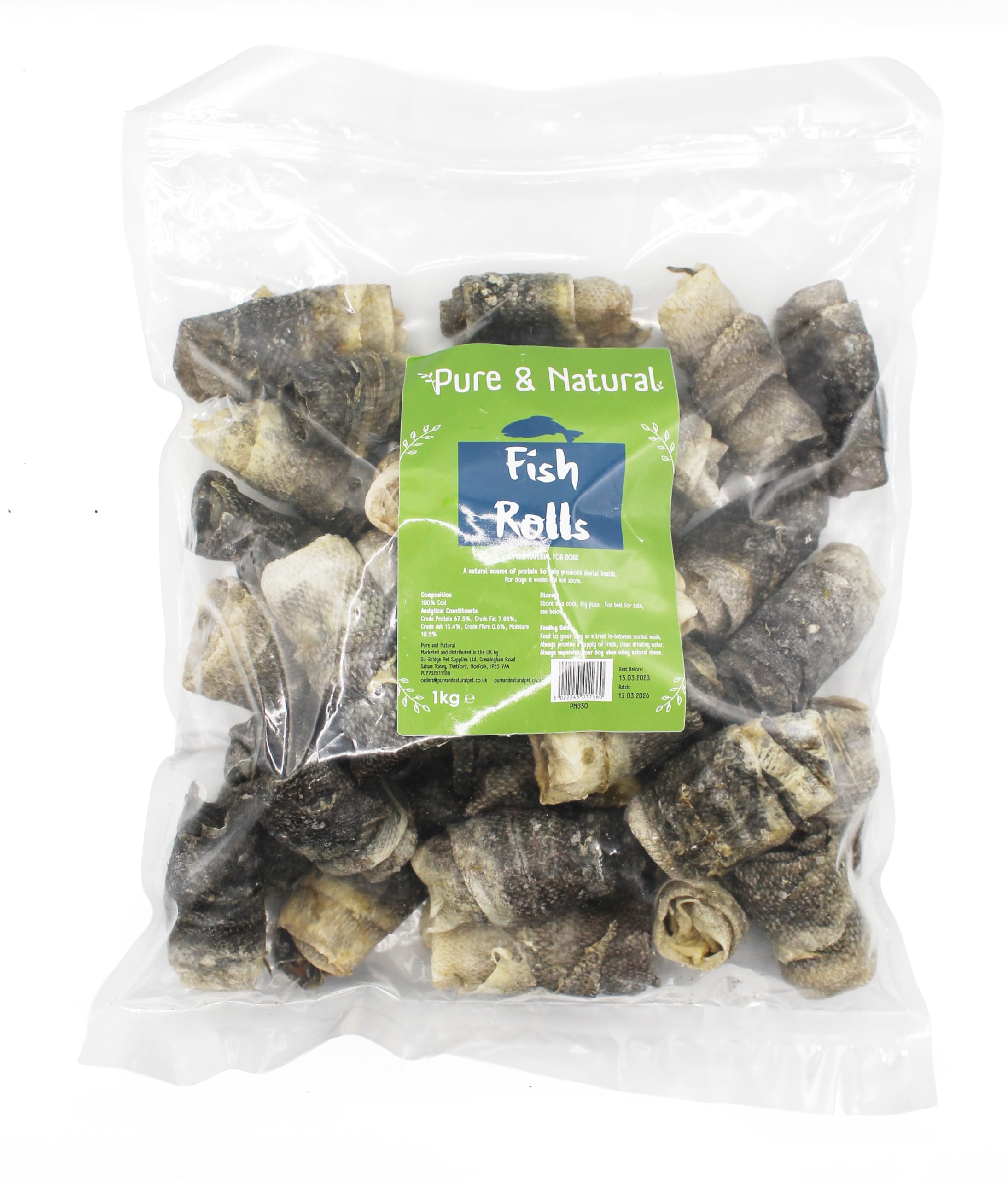 Pure & Natural Whitefish Rolls 1kg, 100% Air Dried Fish Skins for Dogs 1kg, Grain Free Dog Treats and Natural Dog Chews with Omega 3 for Dogs