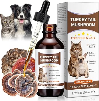 Turkey Tail Mushroom Drops for Dogs & Cats, 5 Mushroom Complex with Reishi, Maitake, Shiitake & Chaga, Immune Support, Digestive Health, Liquid Pet Supplement with Turmeric & Probiotic 1 Pack