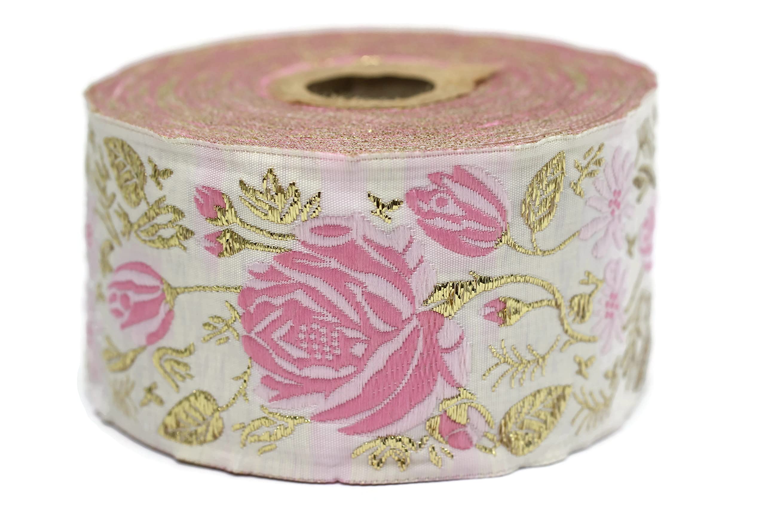 rose original jacquard filling JK【white】 50 mm Pink/White Floral Jacquard Trim (1.96 inches), Rose
