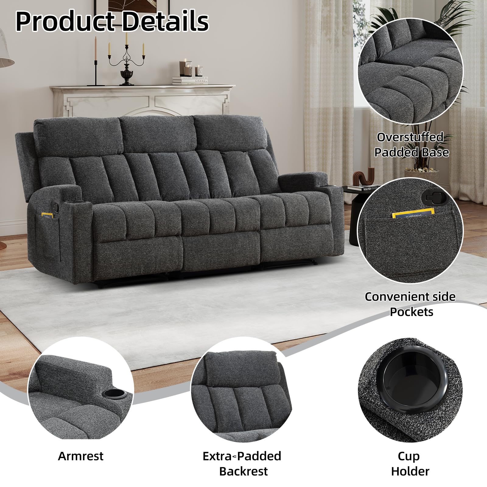 CANMOV Manual Recliner Sofa Set, Fabric Recliner Living Room Furniture Sets, 1 Seat Reclining Chair and a 3 Seat Sofa Furniture Set with Side Pockets and Cup Holders, Dark Grey view 3
