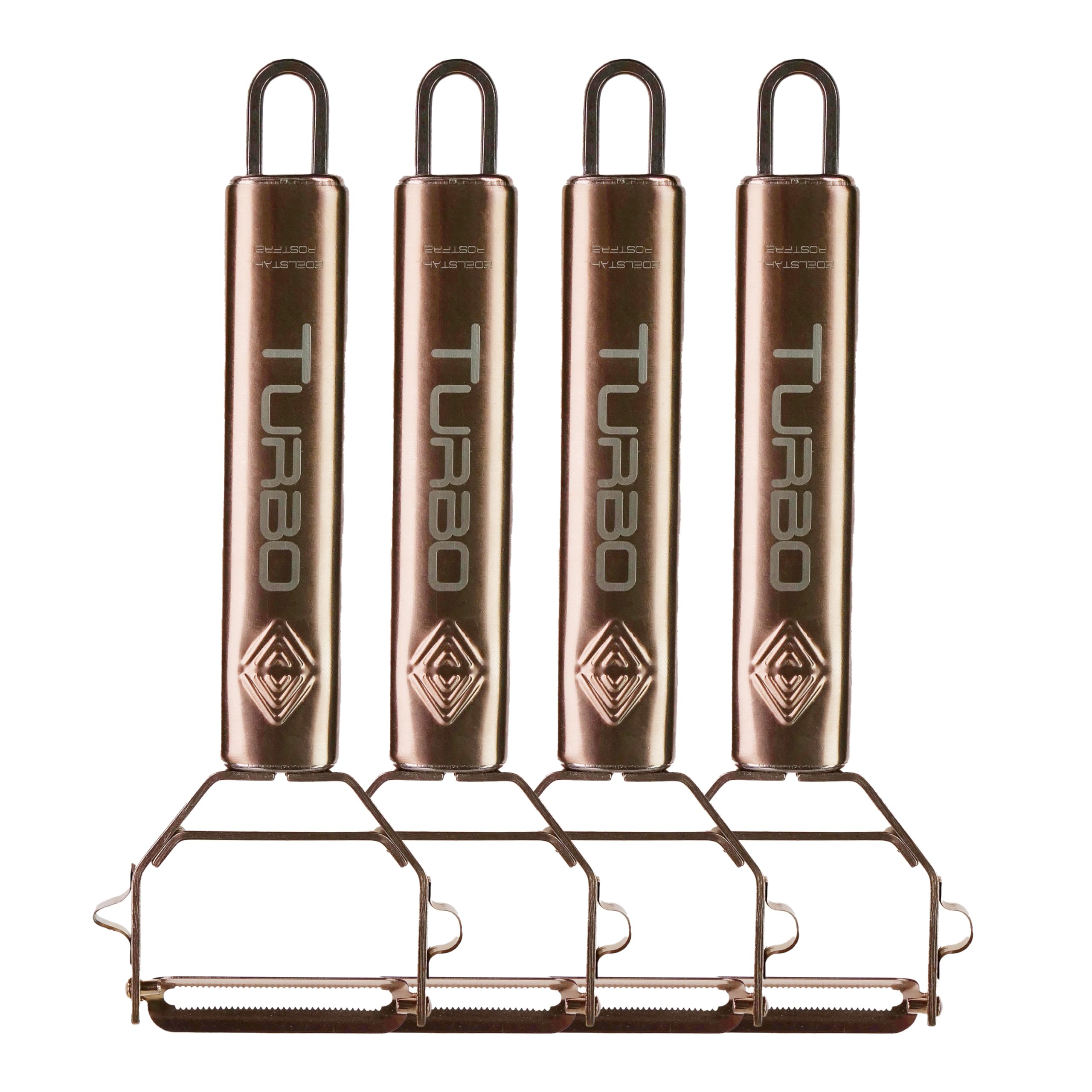 TURBO PRODUKTE 4 Stück Sparschäler Rosé aus Edelstahl für Obst & Gemüse - Vor-und Rückwärts mit Pendelklinge für Links- & Rechtshänder - 3in1 Funktion