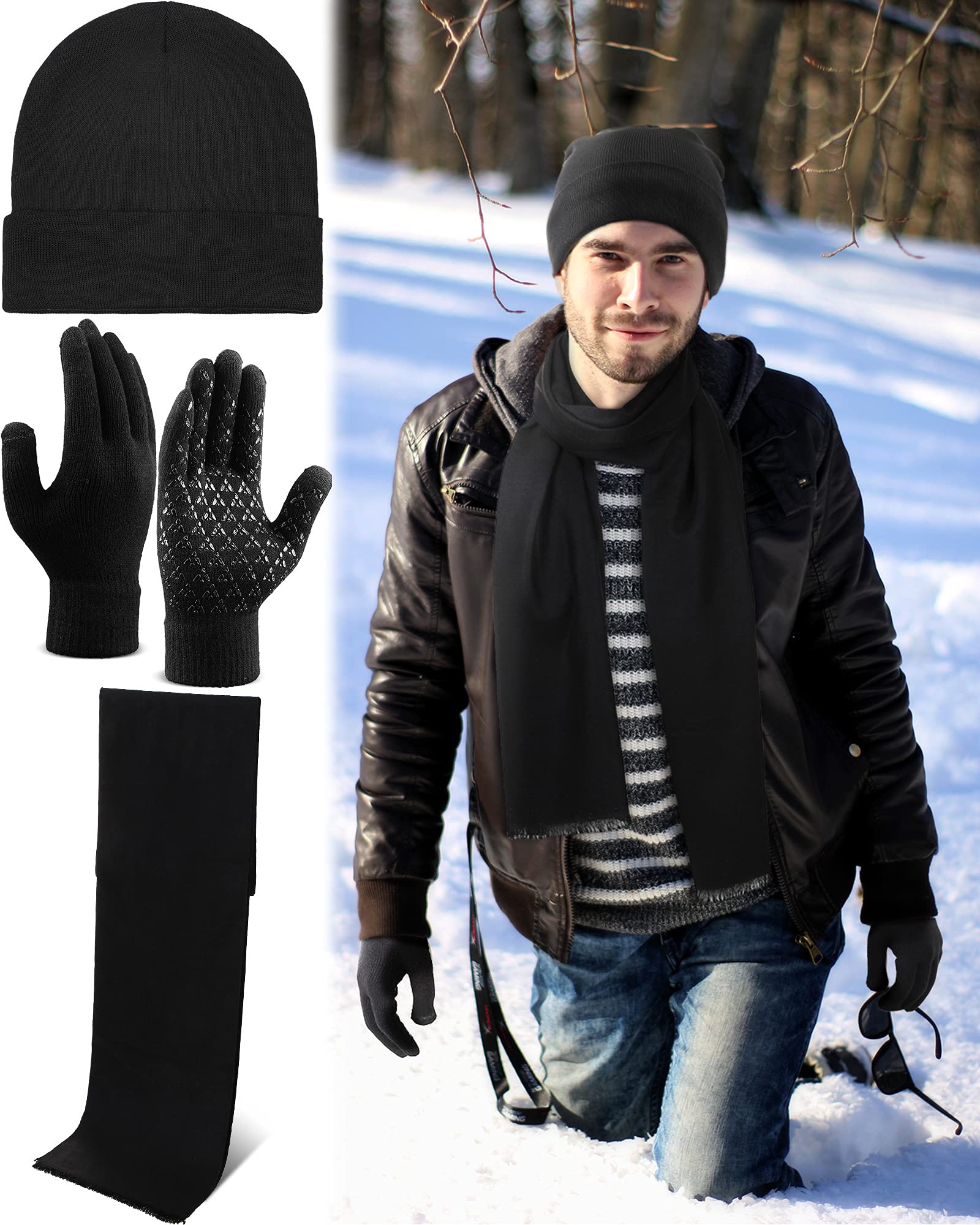 6 Stück Damen Herren Winter Warm Strickmütze Touchscreen Handschuhe Schal Set Fleece Futter Schädel Kappen Hals Schals