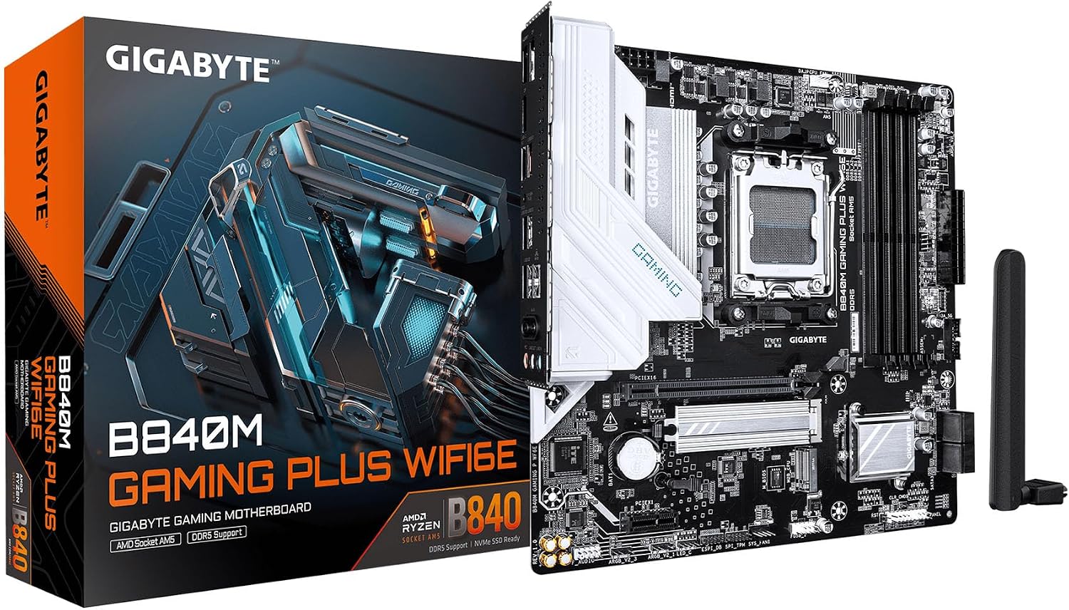B840M GAMING PLUS WIFI6E AMD AM5 mATX Motherboard, Support Ryzen 9000/8000/7000 Series, 8+2+2 Power Phase, DDR5, 2x M.2, PCIe 4.0, USB-C 3.2 Gen 1, WiFi 6E, GbE LAN, EZ-Latch, 3-Year Warranty