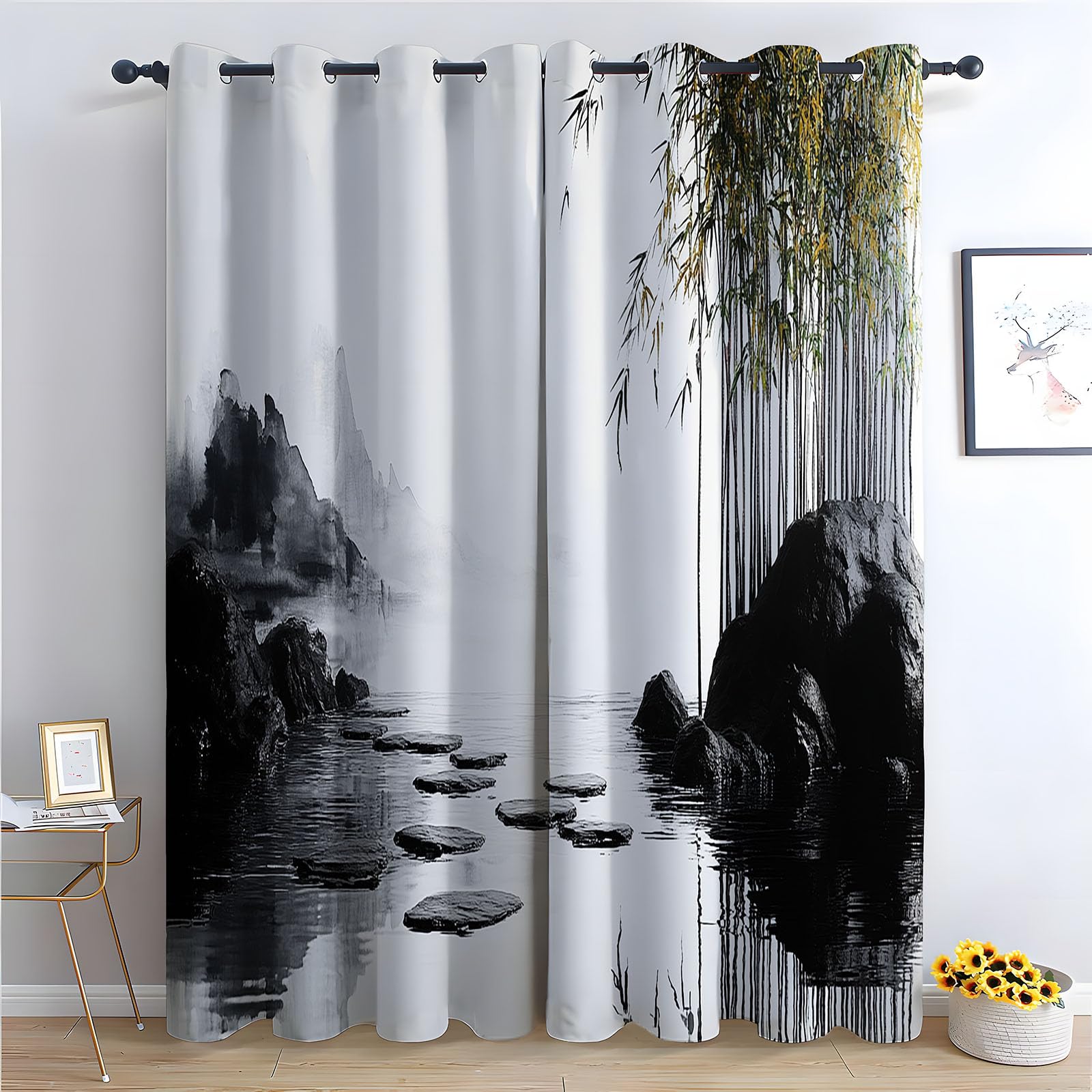 WQBQKKX Plant Curtains Window Ink Painting Farmhouse Flower Print Decorative Grommet Window Drapes Blackout Curtains for Bedroom-52 W x 108" L (Pack of 2)