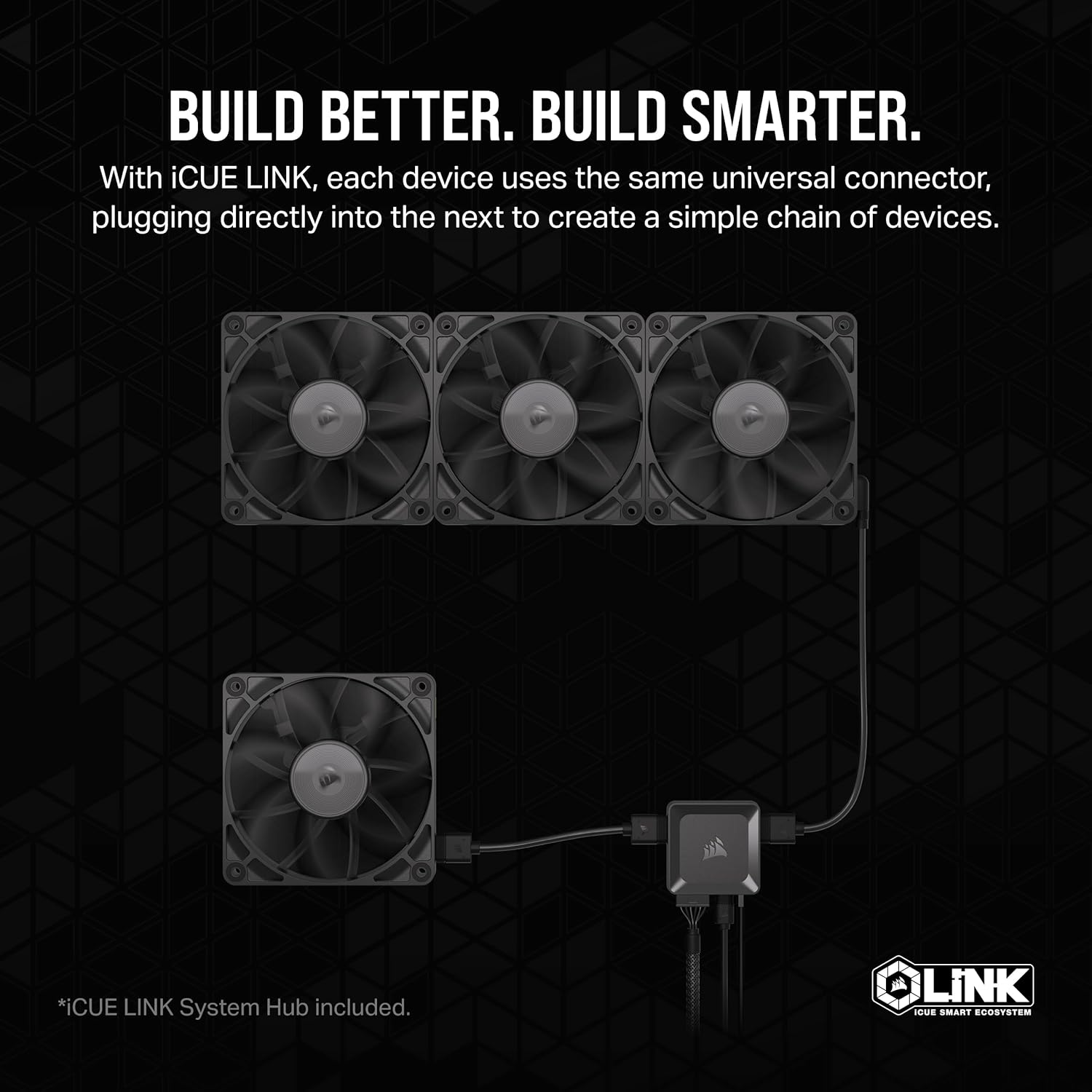 Diagram illustrating how CORSAIR iCUE Link fans daisy-chain together and connect to a single iCUE Link System Hub.