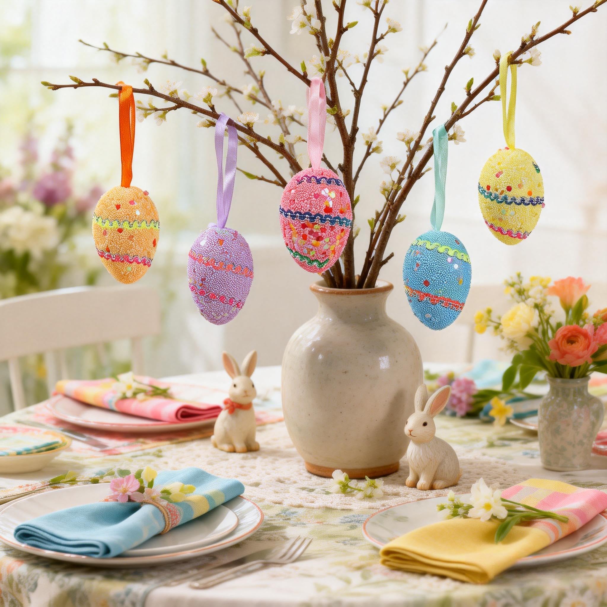 6 Pcs Easter Eggs Hanging Ornaments, Multicolored Striped Glitter Egg Pendant, Decorative Hand Painted Ball DIY Crafts Easter Tree Decorations for Home Lawn Porch Yard Party Supplies