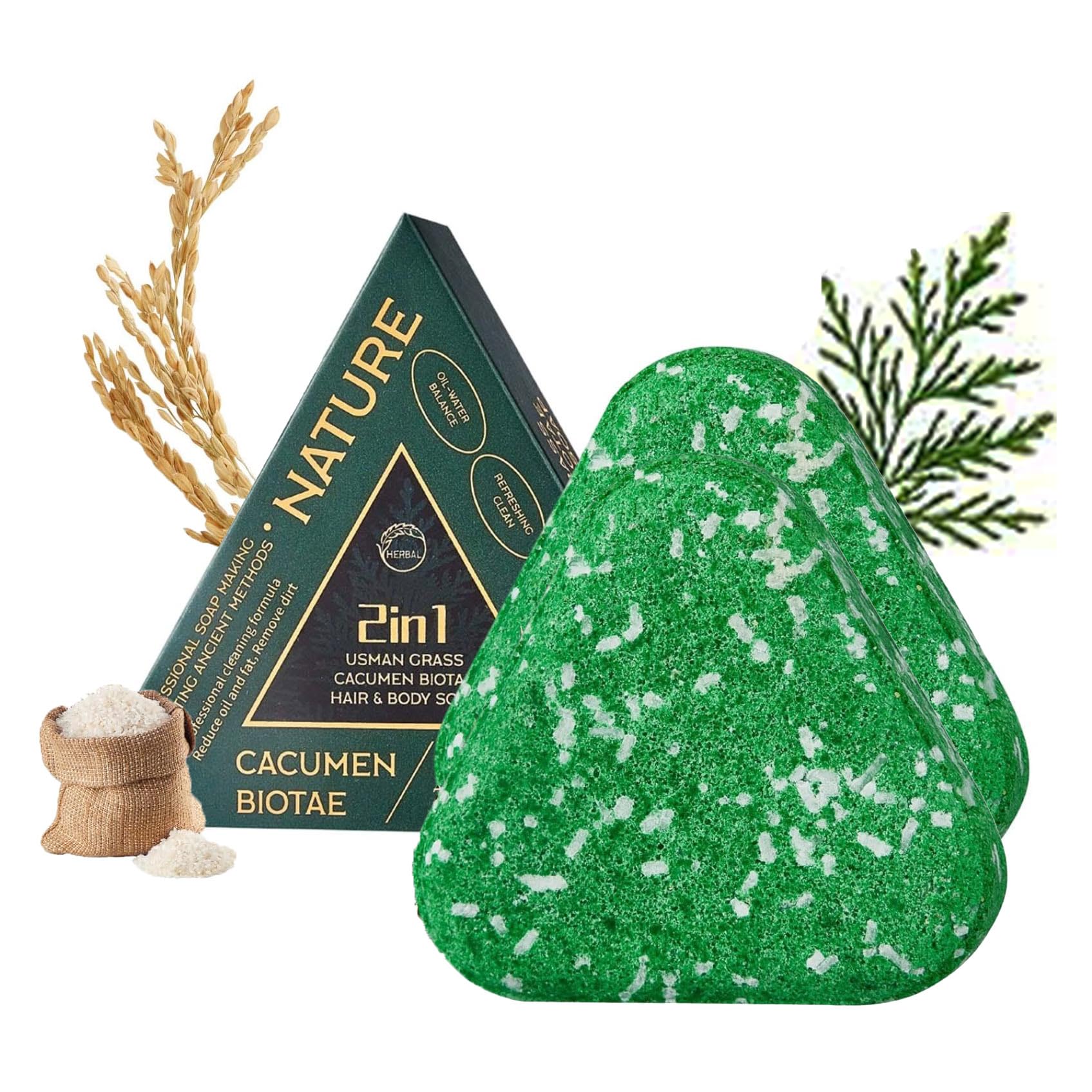 Rice Water Seven Green Soap Shampoo, Nature Triangle Rice Water Usman Grass Shampoo Bar, Oil Control Improving Hairiness, Strengthens Smooths Hair (2)
