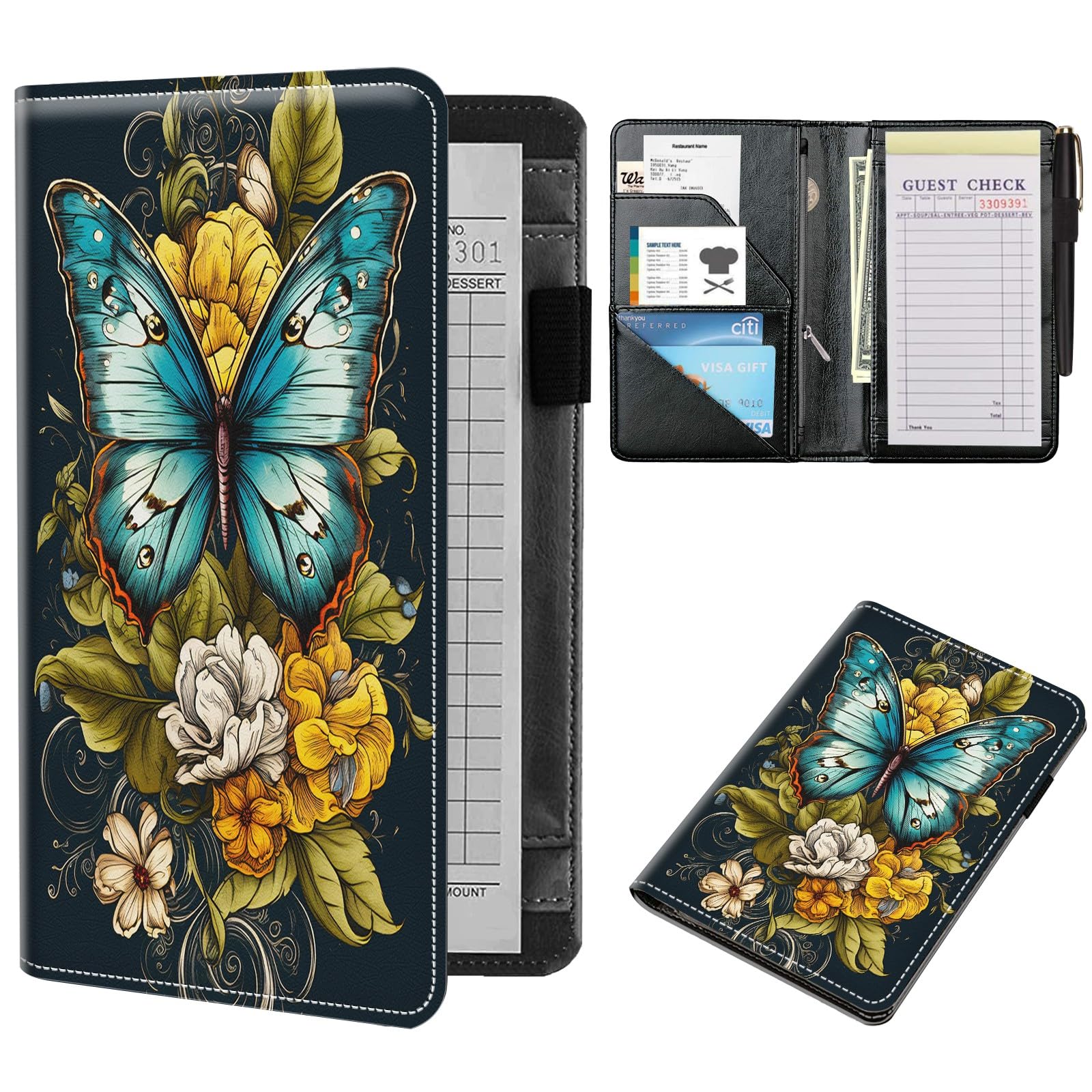 TSNJTBDL Server Book, Server Books for Waitress Small Cute Waiter Receipt Book PU Leather Waitress Book with Zipper Pocket for Cash Check Restaurant Bartender Server Apron, Flowers Butterfly