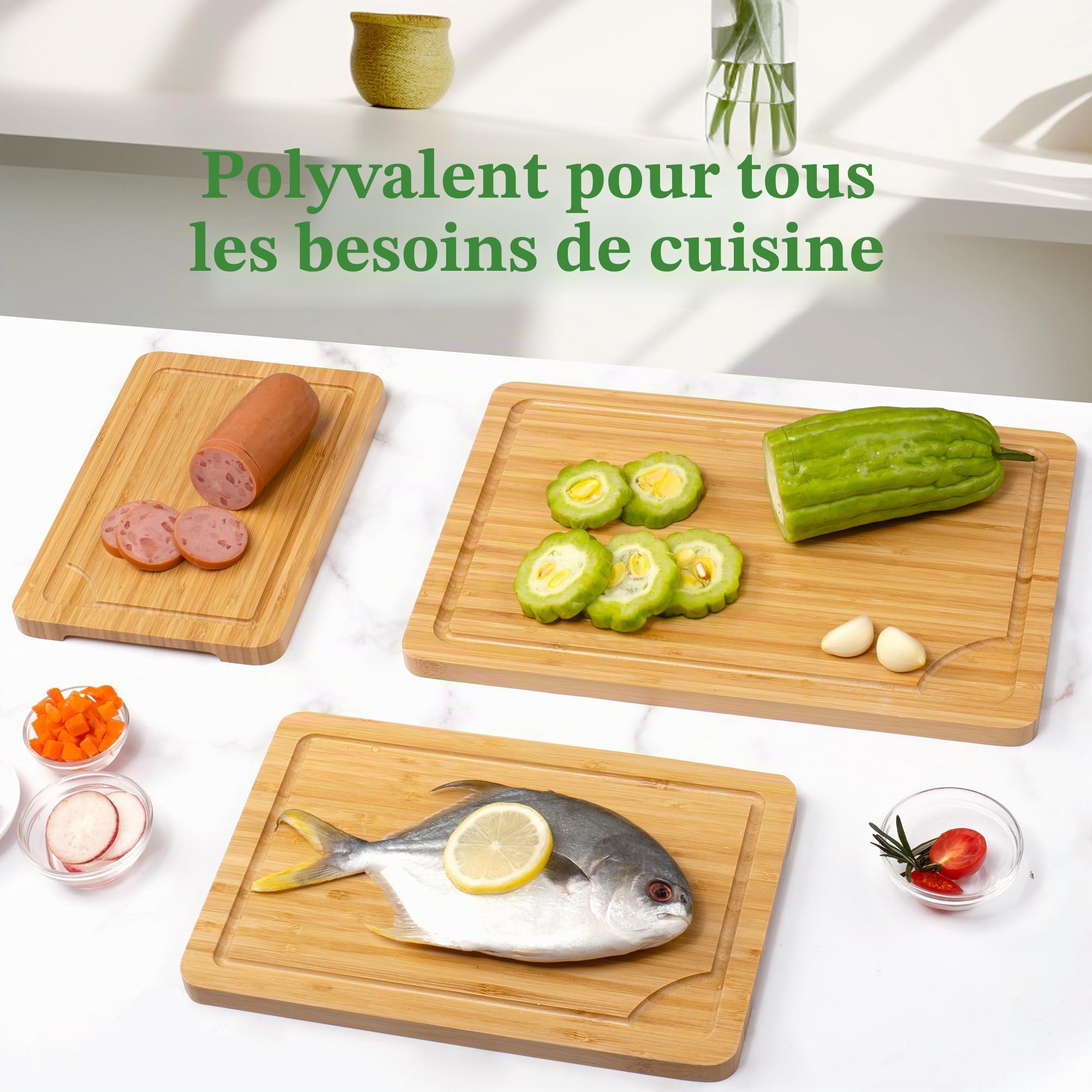 Lot de 3 Planches à Découper en Bambou | Avec bac à jus et Poignée, Disponible en Trois Tailles (S, M, L), avec Support et Couteau à Fruits