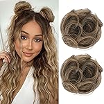 REECHO 2 PCS Mini Claw Clip in Messy & Cat Ears Hair Bun Extensions HB001 Wig Accessory Updo Hairpieces for Women Girls (Pack of 2-3.5 Wavy, Light Ash Brown with Highlights)