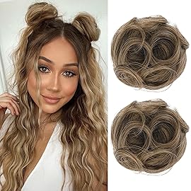 REECHO 2 PCS Mini Claw Clip in Messy & Cat Ears Hair Bun Extensions HB001 Wig Accessory Updo Hairpieces for Women Girls (Pack of 2-3.5 Wavy, Light Ash Brown with Highlights)