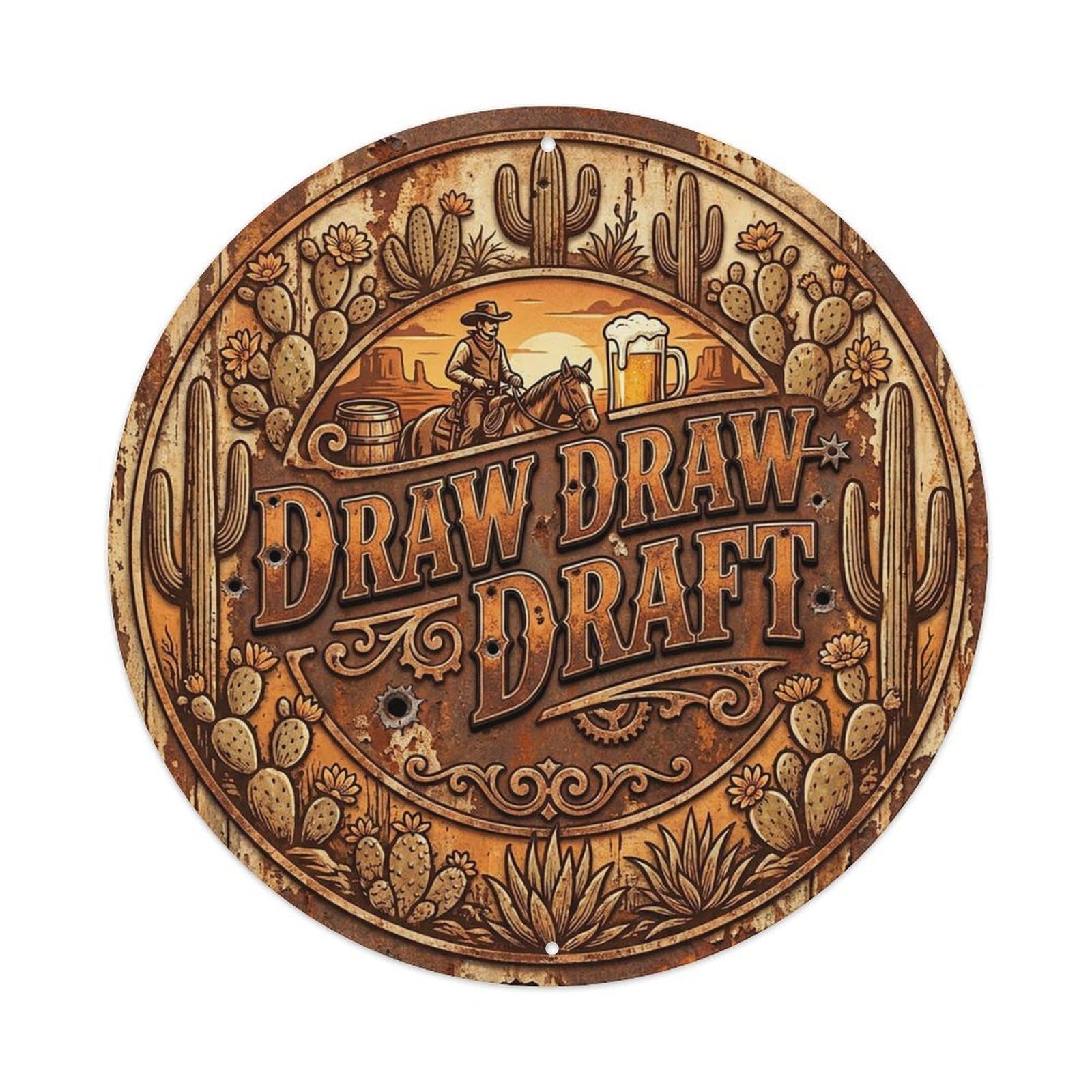 Vintage Beer Western Cowboy Draw Draft Retro Bar for Pub Vintage Metal Tin Sign Plaque Wall Decor for Cafe, Club Bar, Office, Garden Metal Poster 8x8Inch