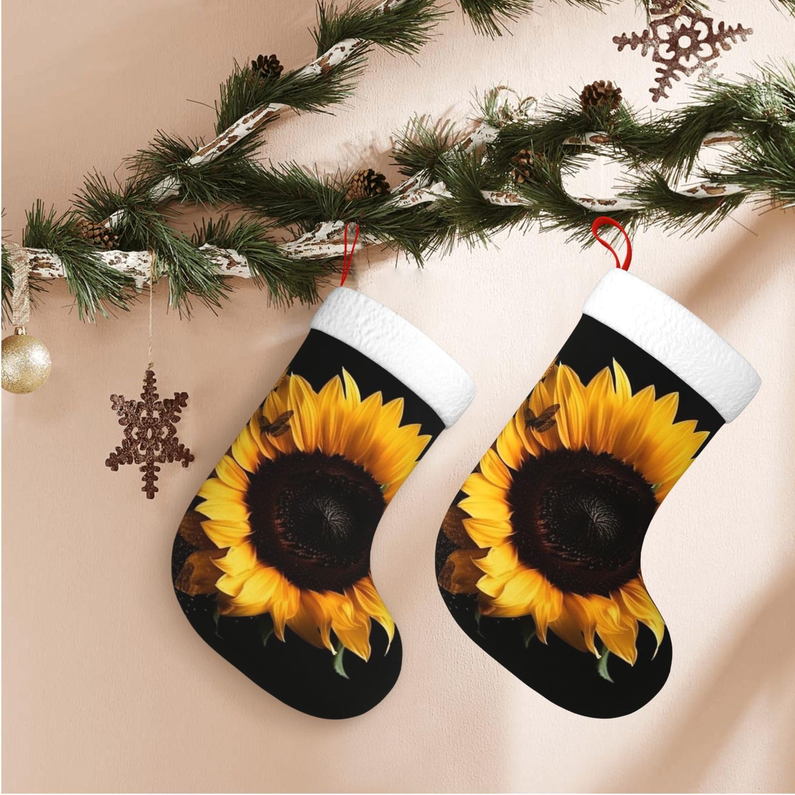 17.7" Christmas Stocking 1 Piece, Sunflower On Black Background Xmas Stockings with White Plush Cuff Fireplace Hanging Stocking for Christmas Holiday Party Decoration