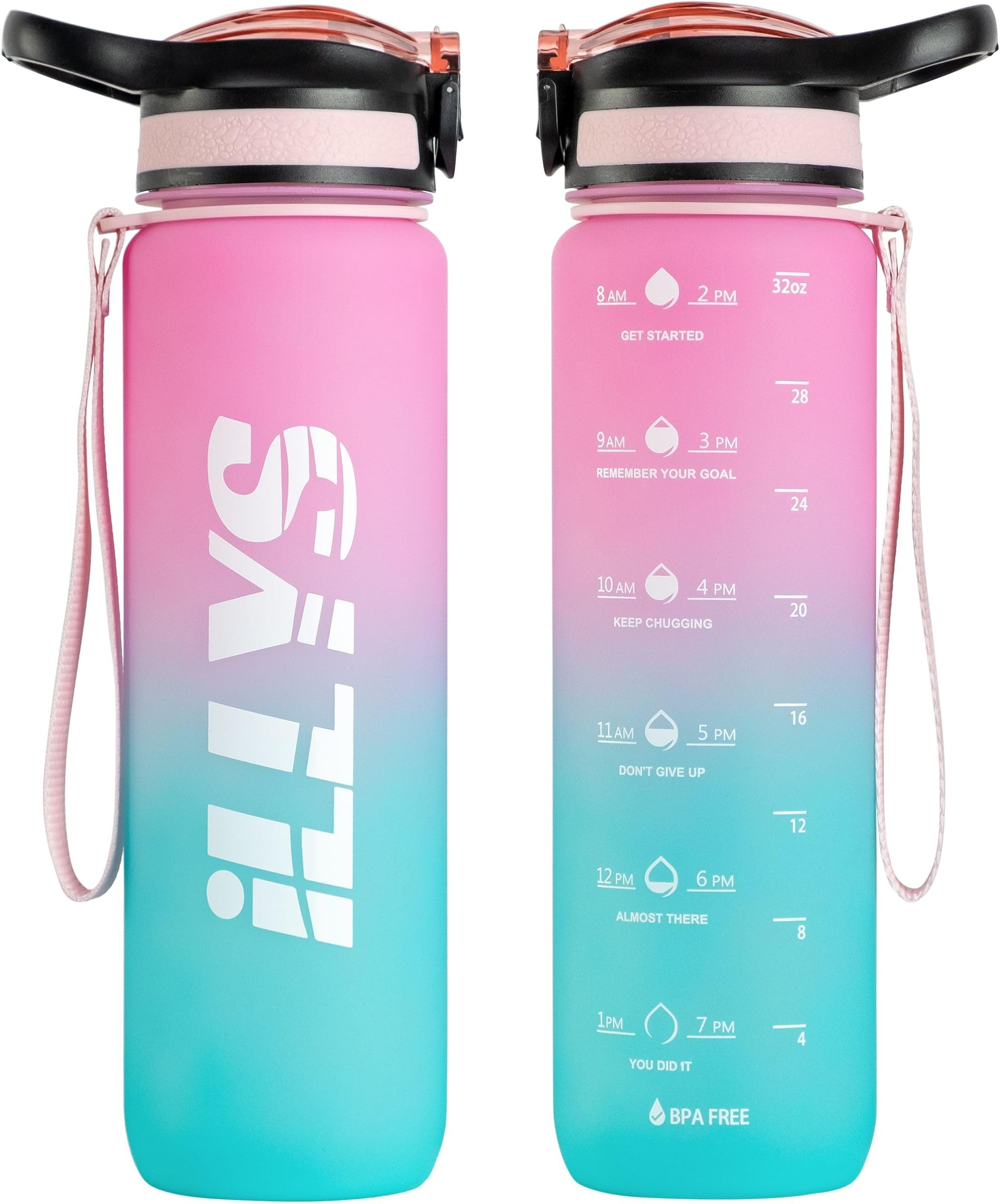 Water Bottle 1L / 32oz with Motivational Time Marker Straw Strainer SK Tritan Plastic BPA Free Sport Water Bottles for kids Fitness Gym Office Outdoor Sports and Exercise | Leak Proof (Pink & Blue)