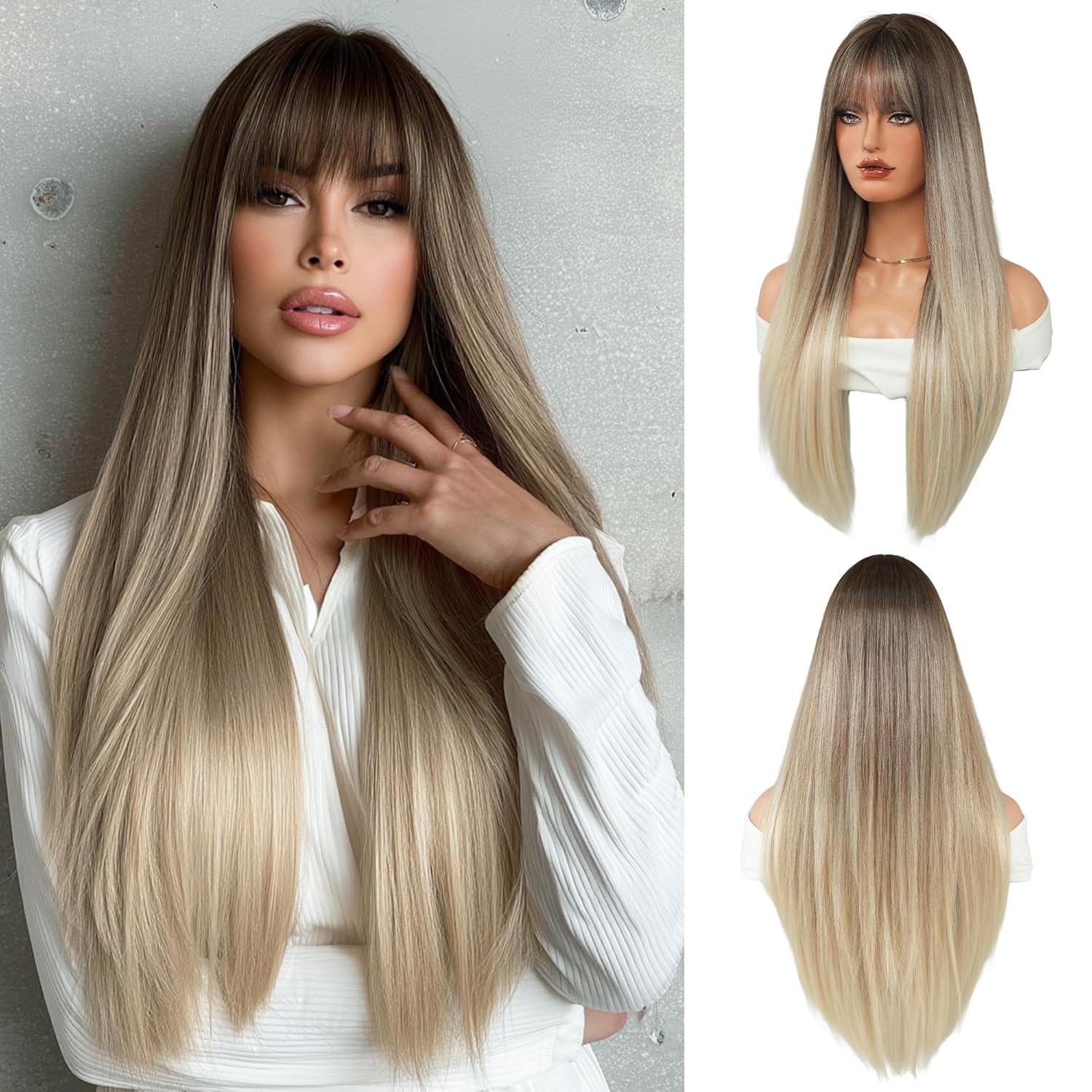 PARK YUN 28 Inch Long Straight Wig with Bangs for Women Ash Brown to Platinum Blonde Ombre Synthetic Wig Natural Layered Hair for Daily Use & Cosplay 28 Inch Ash Brown Blonde