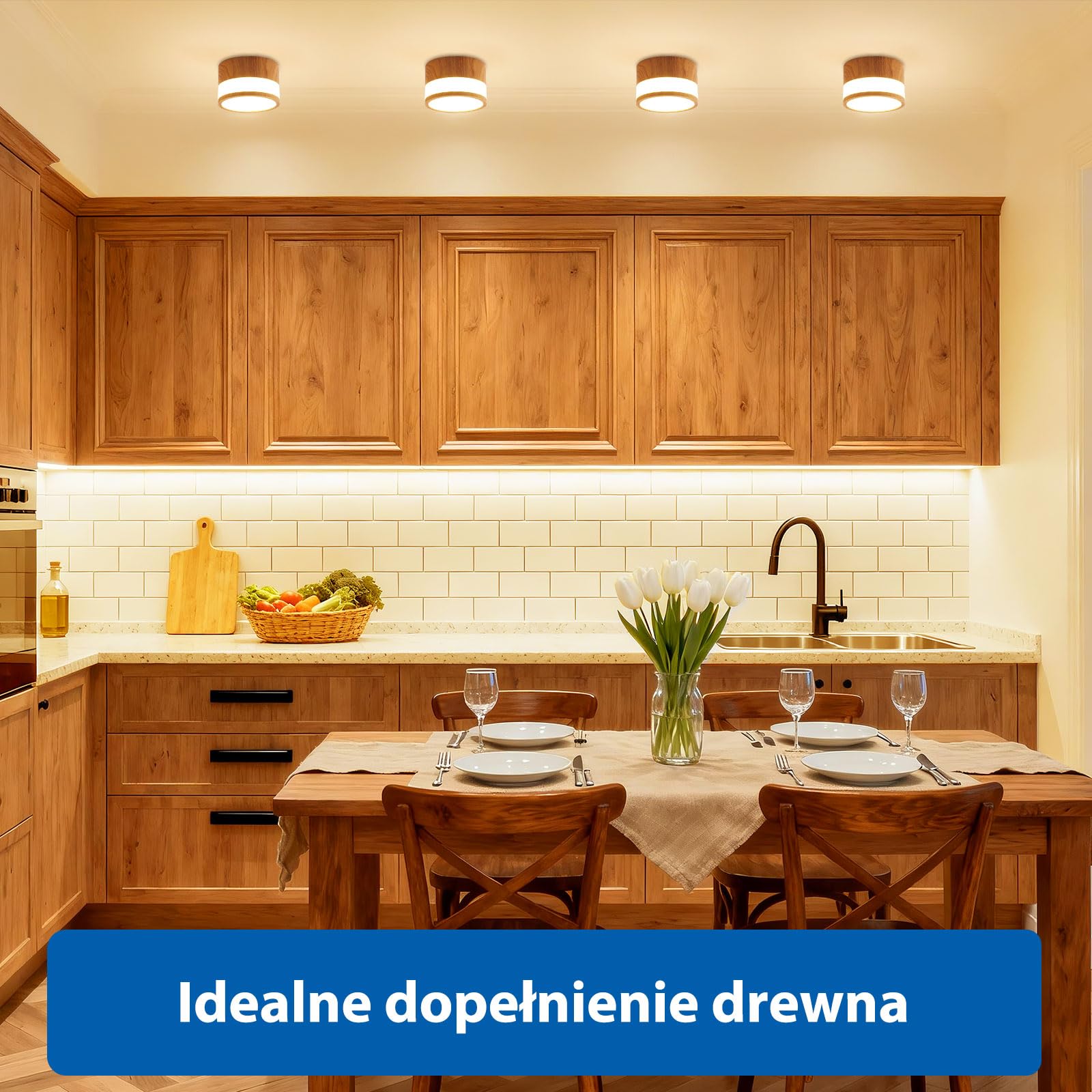 4 szt Reflektor Natynkowy w Stylu Drewna IP44 Wodoodporna, Do Łazienki, Kuchni, Salonu i Holu, LED Ciepła Biel 3000K, 12W 1100LM, Oświetlenie 230V dla Pomieszczeń Wilgotnych