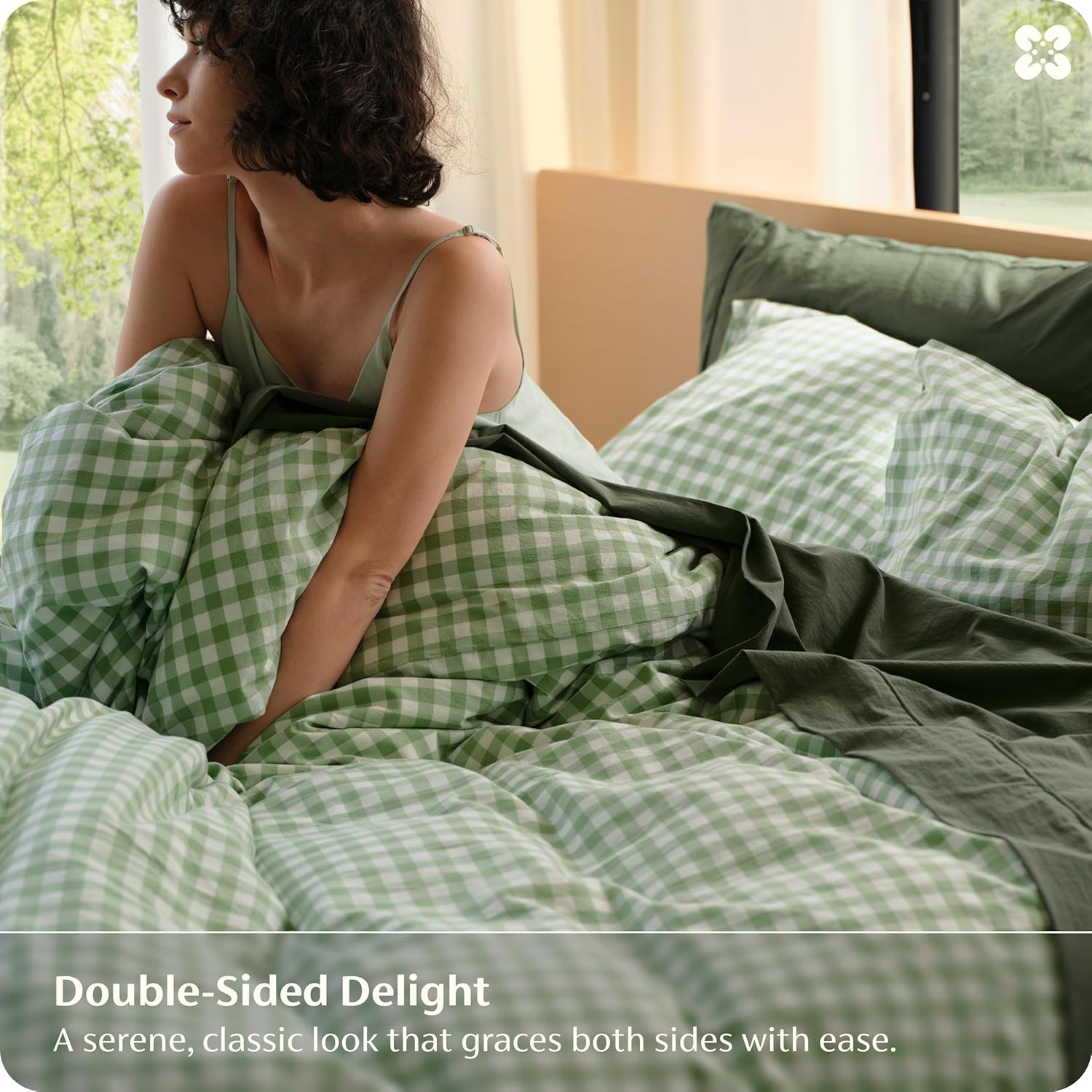 Bedsure Gingham Duvet Cover Queen, 100% Washed Cotton Duvet Cover Linen‑Like, PureWoven with Reversible Yarn‑Dyed Design & Double‑Stitch Craft, 3-Piece with Zipper, Gingham Willow Green, 90"x90"
