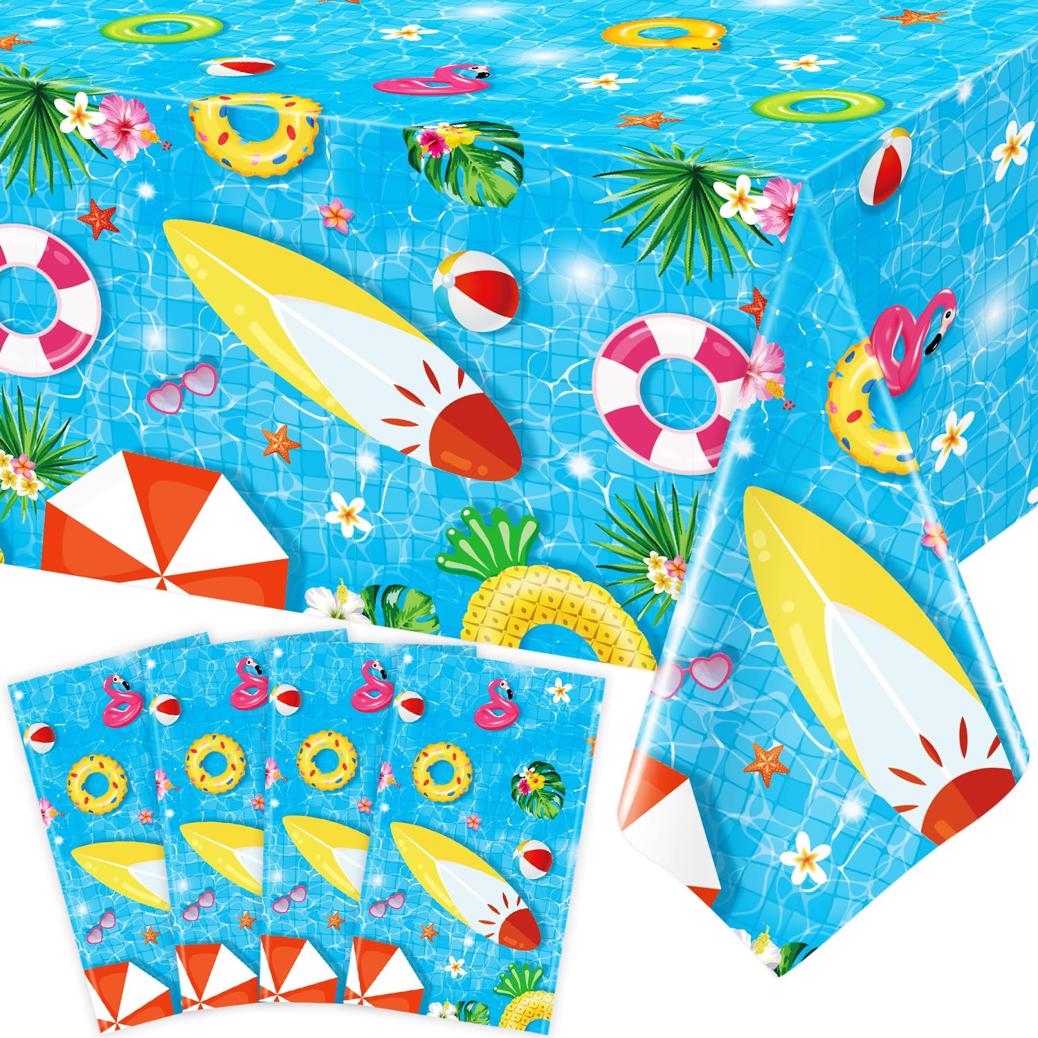 4Pcs Pool Party Tablecloth Tropical Hawaiian Tablecloth Beach Tablecloths Swimming Plastic Table Cover Pool Party Decorations Hawaii Holiday Supplies Beach Theme Birthday Decorations 86 x 51 Inch