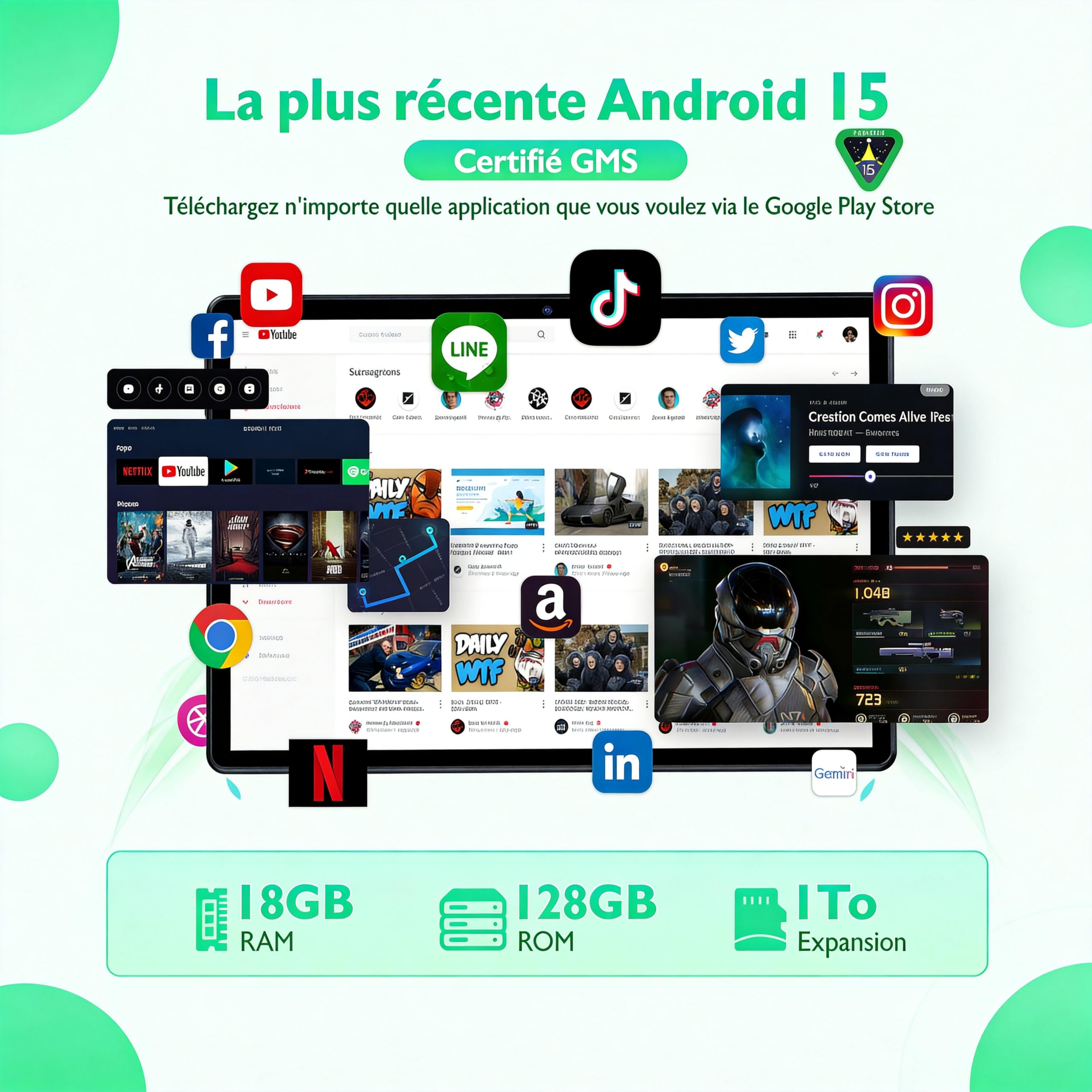 Tablette 10 pouces, Tablette Android 15, 18 Go de RAM + 128 Go ROM + 1 To TF Extensible, Octa-Core T30, écran IPS 1280 × 800, 6000 mAh, Caméra Double 5MP + 8MP, Widevine L1, WiFi 6, Face ID, BT 5.0