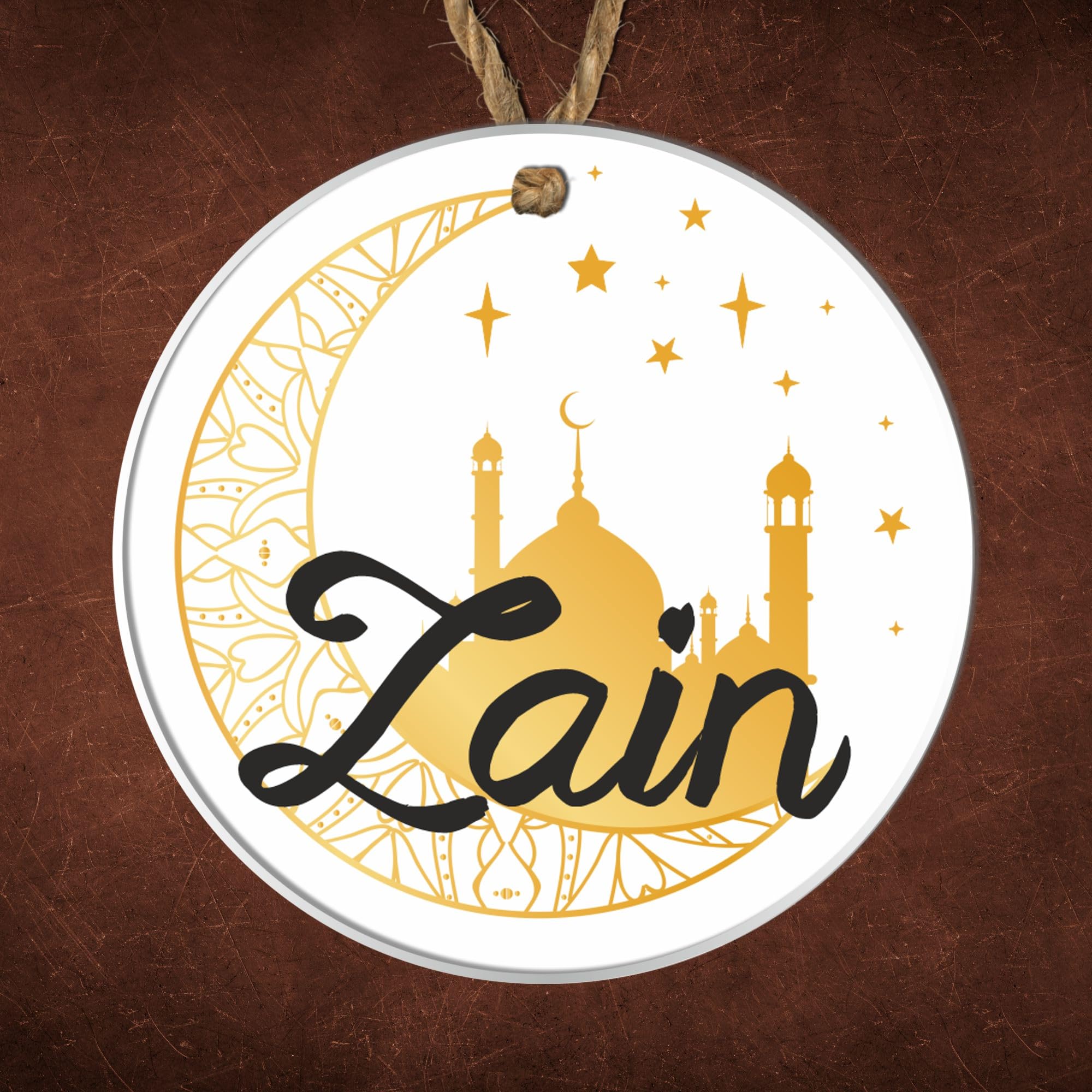 Personalised Name Eid and Ramadan Hanging Decoration Custom Family Islamic Decorations for Eid Mubarak Ramadan Mubarak Islamic Home Décor Baubles (Gold Moon Temple, Acrylic White Background)