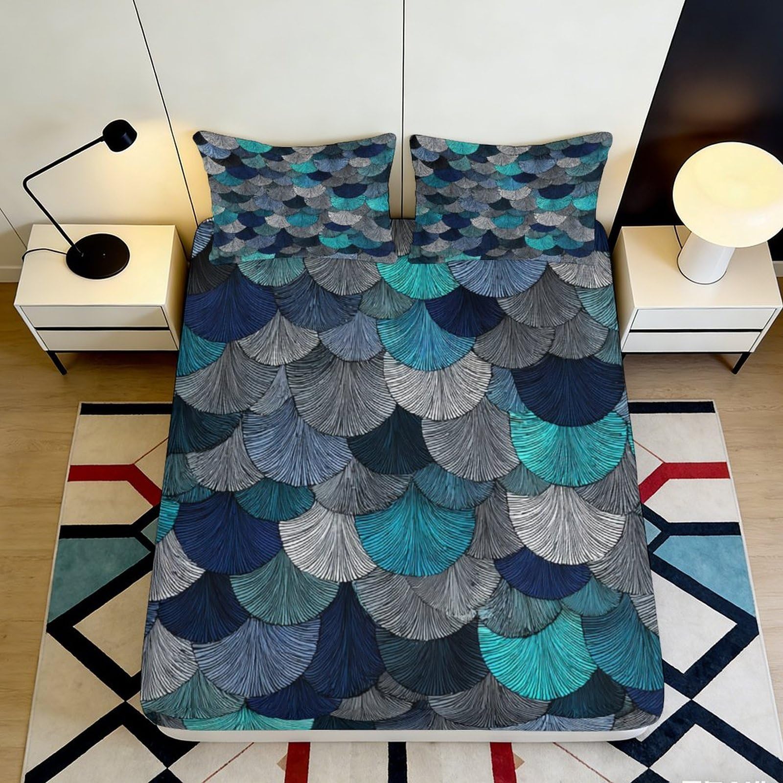 Uxinyoume Style-4 3D Printed Ocean Wave Pattern Fitted Sheet Microfiber Soft Blue Grey Scallop Mattress Cover For Bedroom Guest Room Decor 90X200x25cm