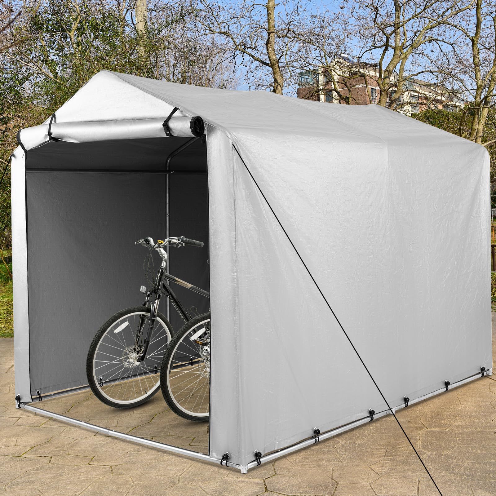 GOPLUS Garagenzelt, 218x160x164cm Carport wasserdicht mit aufrollbarer Reißverschlusstür & robustem Metallrahmen, Lagerzelt Zeltgarage für Fahrräder, Gartengeräte, Motorräder (Silbergrau)