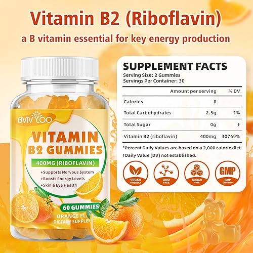 Miniatura 2 de Paquete de 2 gomitas de vitamina B2, riboflavina de 400 mg para niños y adultos, alivio de la migraña y alivio del dolor de cabeza, veganas, sin