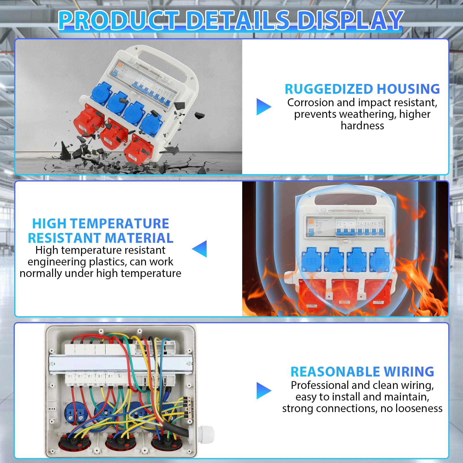 Distributore di corrente CEE 400V 32A, 4 uscite 230V, 2 circuiti 16A, 1 circuito 32A, protezione FI, distributore di potenza IP54, per cantieri edili