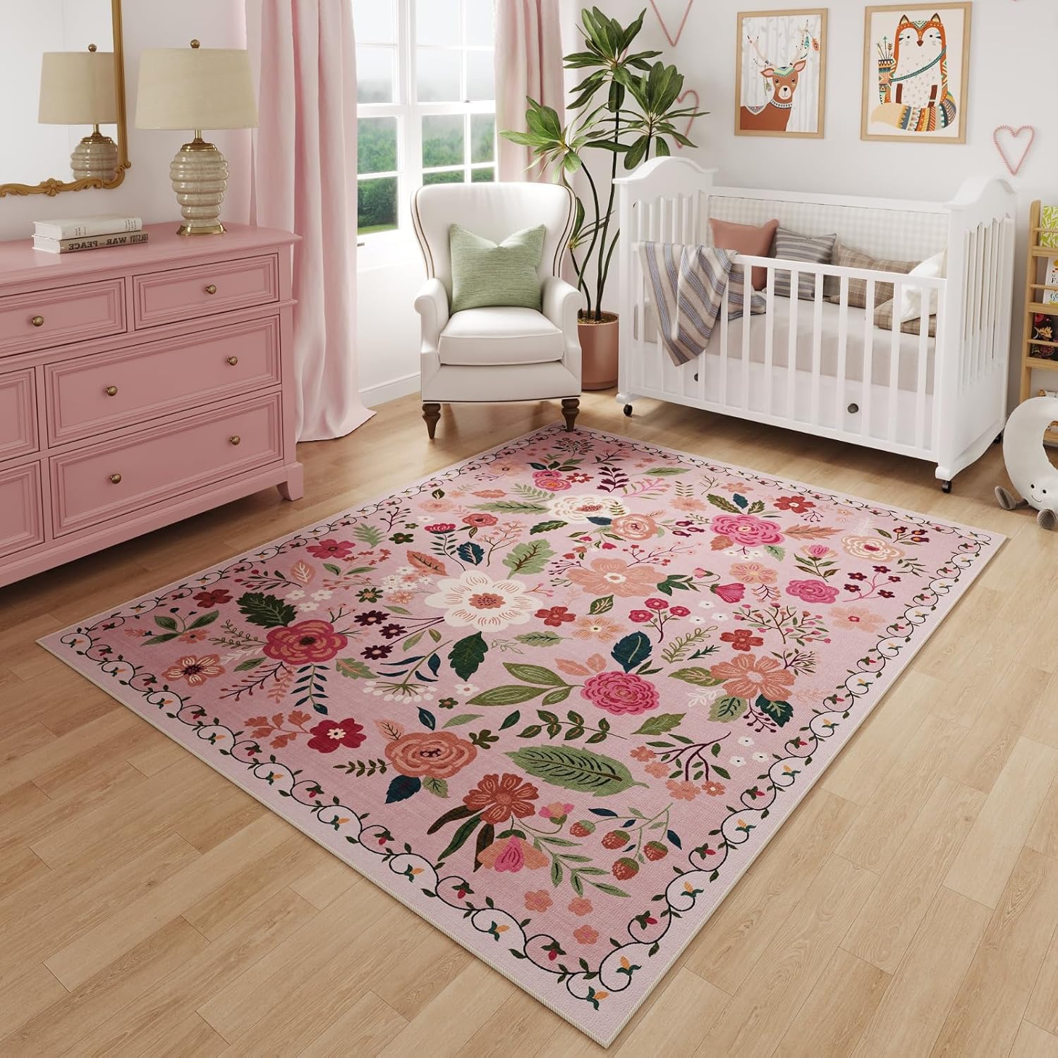 Rugcomf Area Rug 4x6 Rug Washable Boho Rugs Non Slip Low Pile Floral Small Carpet for Bedroom, Bedside, Kids Room, Office, Dining Room(Pink)
