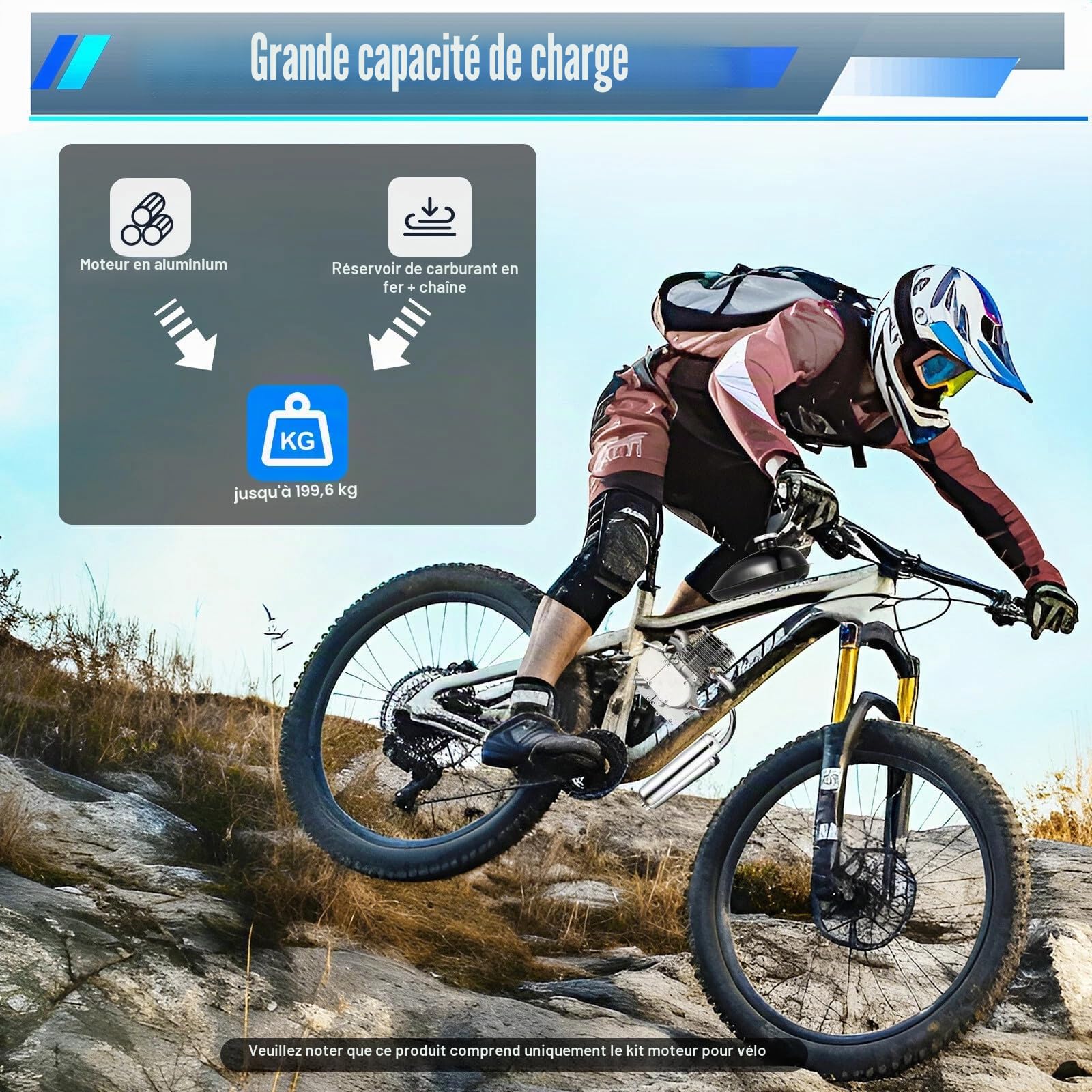 Kit de moteur de vélo 100 CC 2 temps CDI Pocket Bike - Moteur à essence pour la plupart des vélos 26/28 - 44 Nombre de dents - Jusqu'à 200 kg